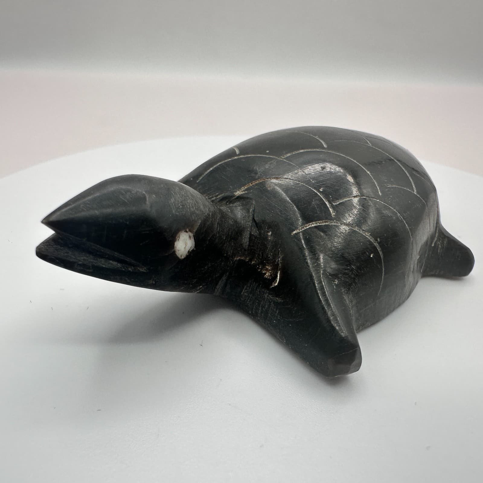 Vintage 90s Black Turtle Figurine Inlay Eyes Hand Carved Home Decor Accessories - Thumbnail 4