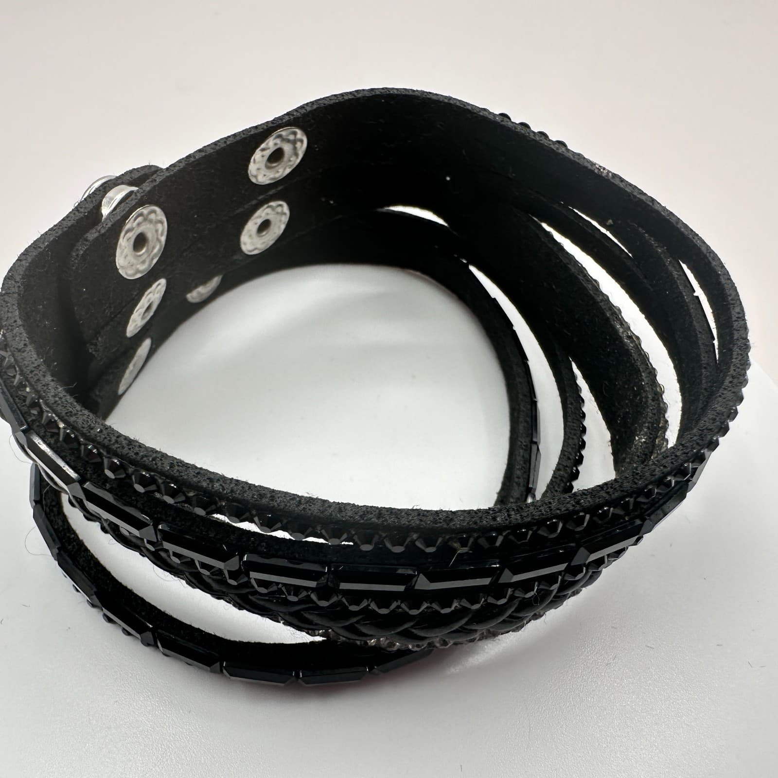 Vintage Y2K Black Leather Glass Rhinestone Wrap Bracelet Silver Tone Jewelry - Thumbnail 4