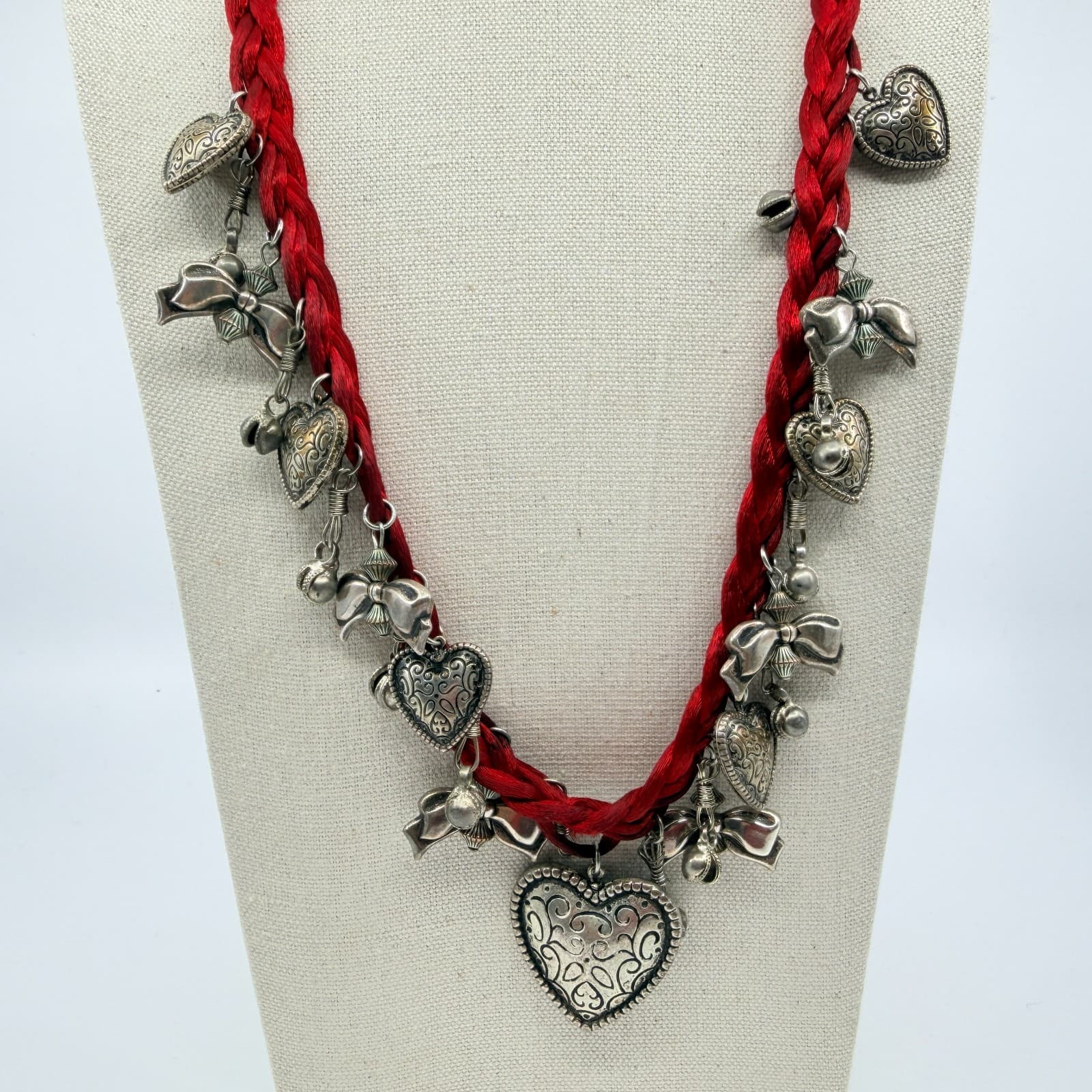 Vintage Red Cord Charm Necklace Silver Tone Heart Bow Pendants Statement Boho - Thumbnail 3