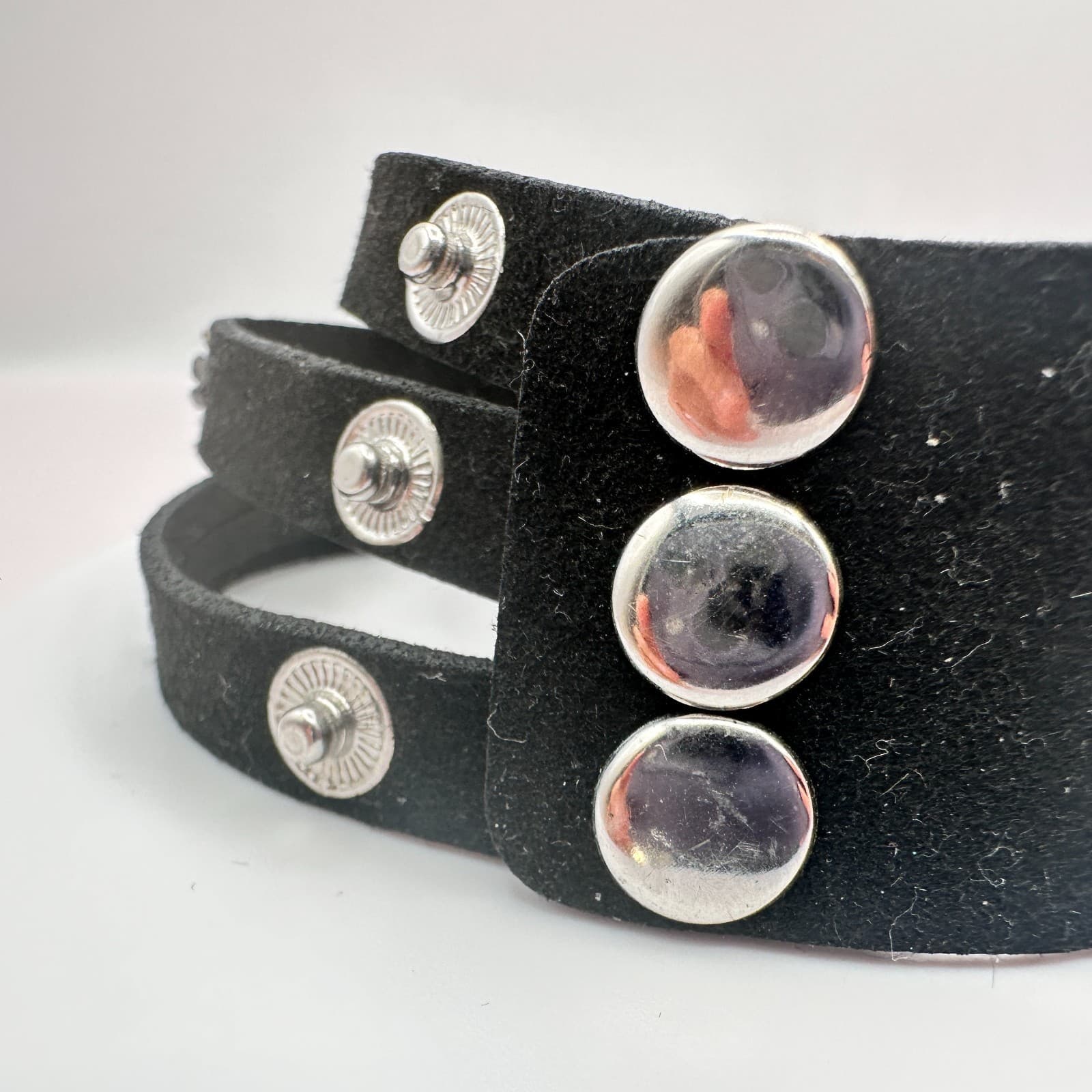 Vintage Y2K Black Leather Glass Rhinestone Wrap Bracelet Silver Tone Jewelry - Thumbnail 5