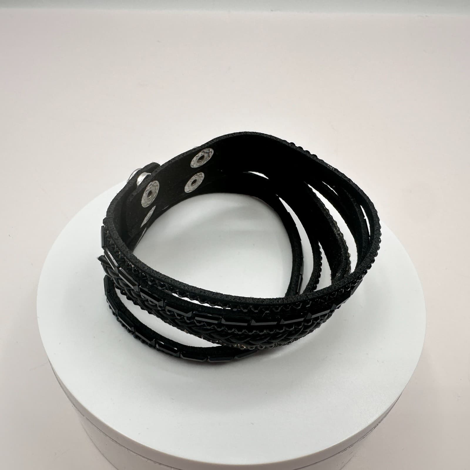 Vintage Y2K Black Leather Glass Rhinestone Wrap Bracelet Silver Tone Jewelry - Thumbnail 3