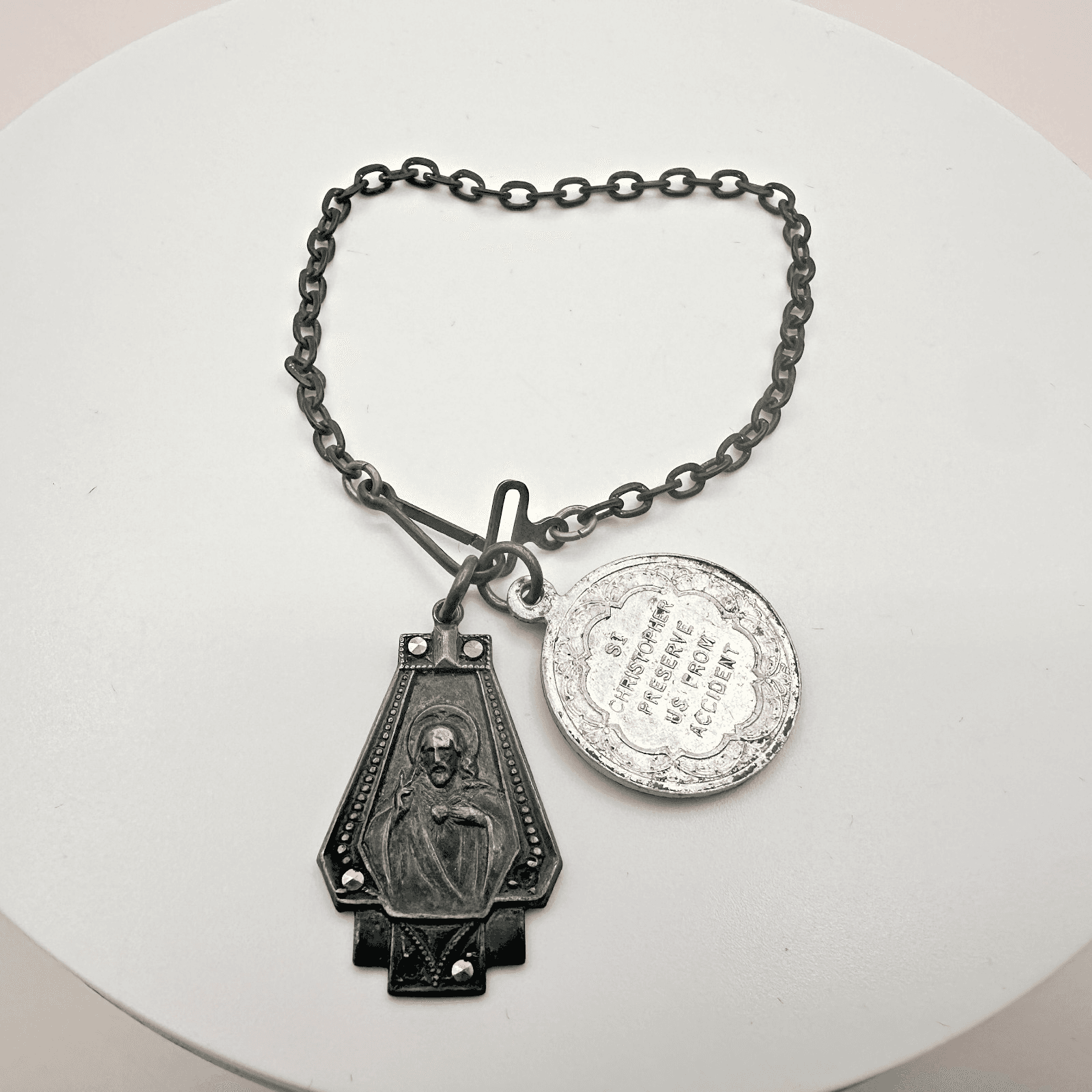 Vintage 90s St. Christopher Preserve Us From Accident Medal Charm Bracelet