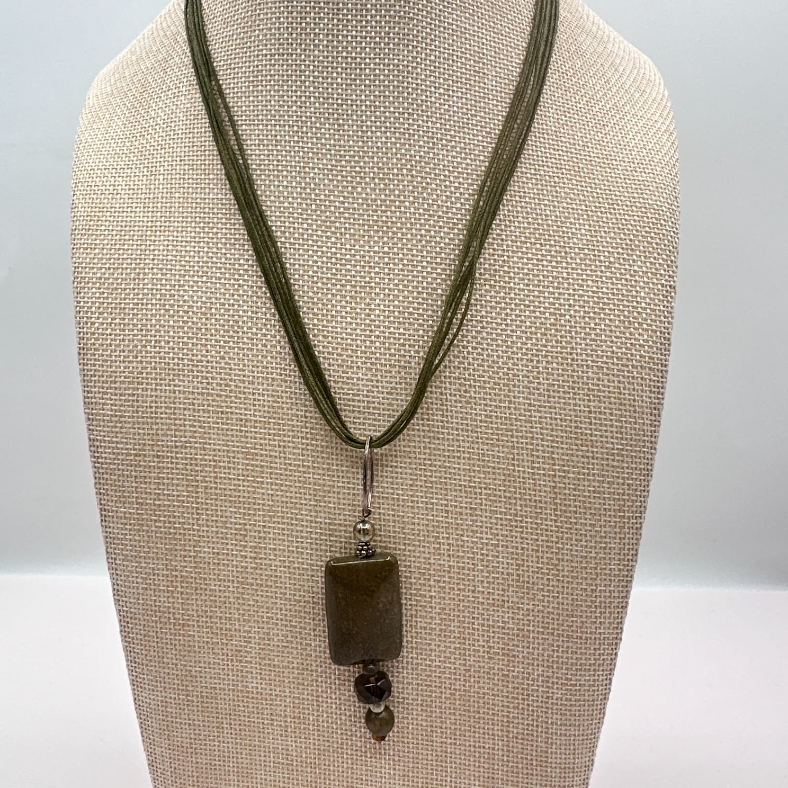Vintage Y2K Multi Strand Cord Glass Stone Pendant Necklace Silver Tone Jewelry - Thumbnail 6