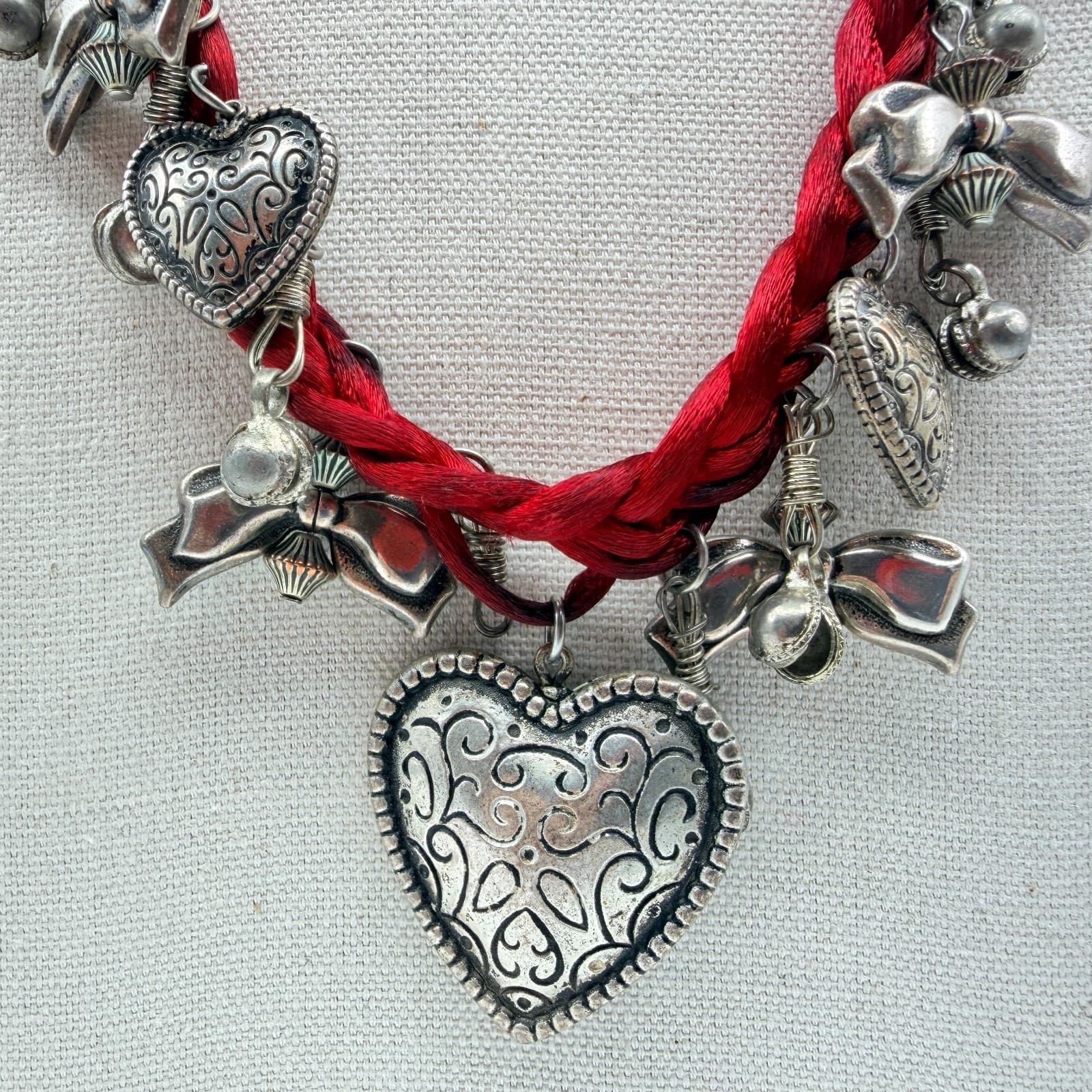 Vintage Red Cord Charm Necklace Silver Tone Heart Bow Pendants Statement Boho - Thumbnail 7