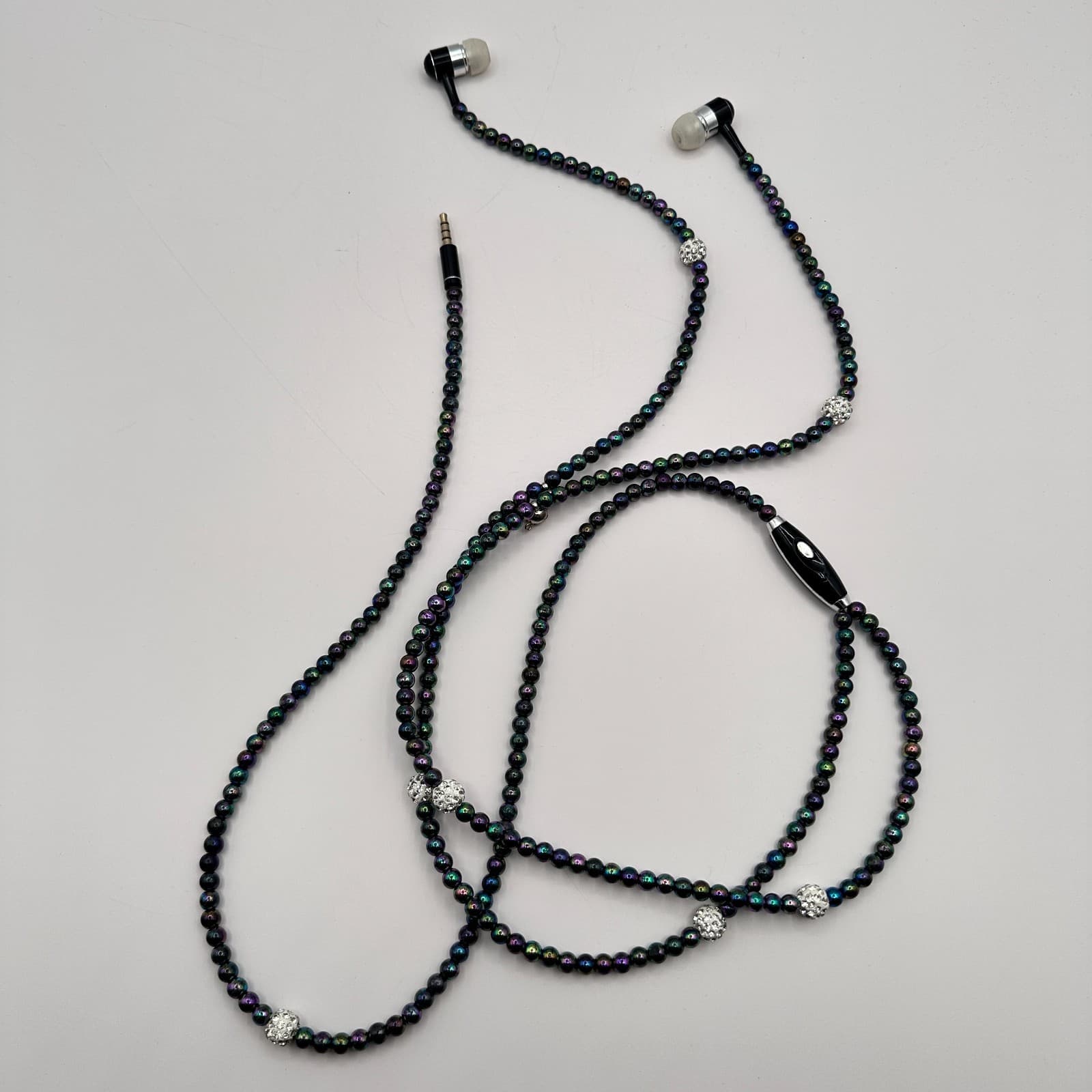 Vintage Y2K Black Iridescent Beaded Pearl Necklace Earphone 3.5mm In-Ear - Thumbnail 2