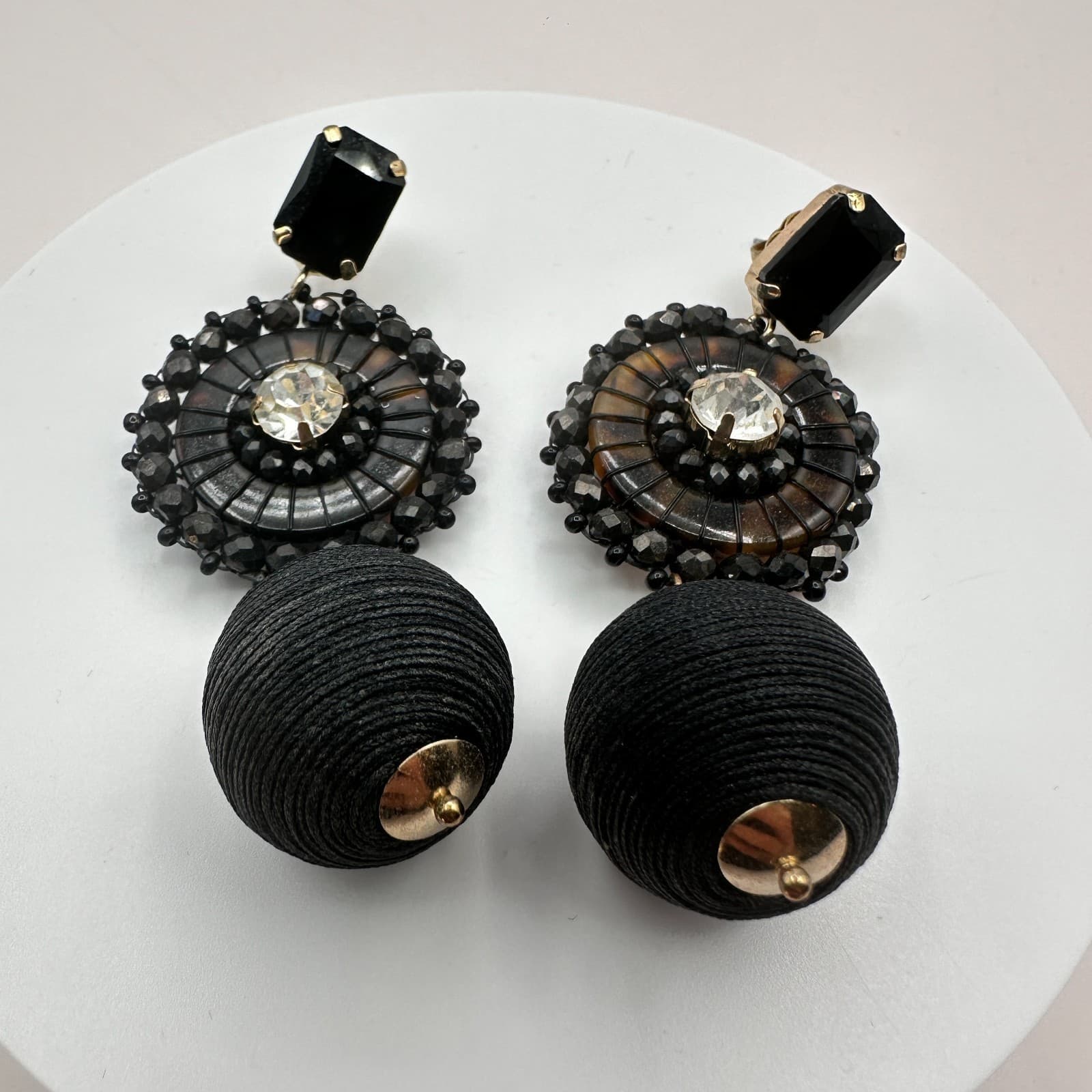 Vintage Y2K Rhinestone Black Cord Wrapped Ball Dangle Earrings Gold Tone Jewelry - Thumbnail 3