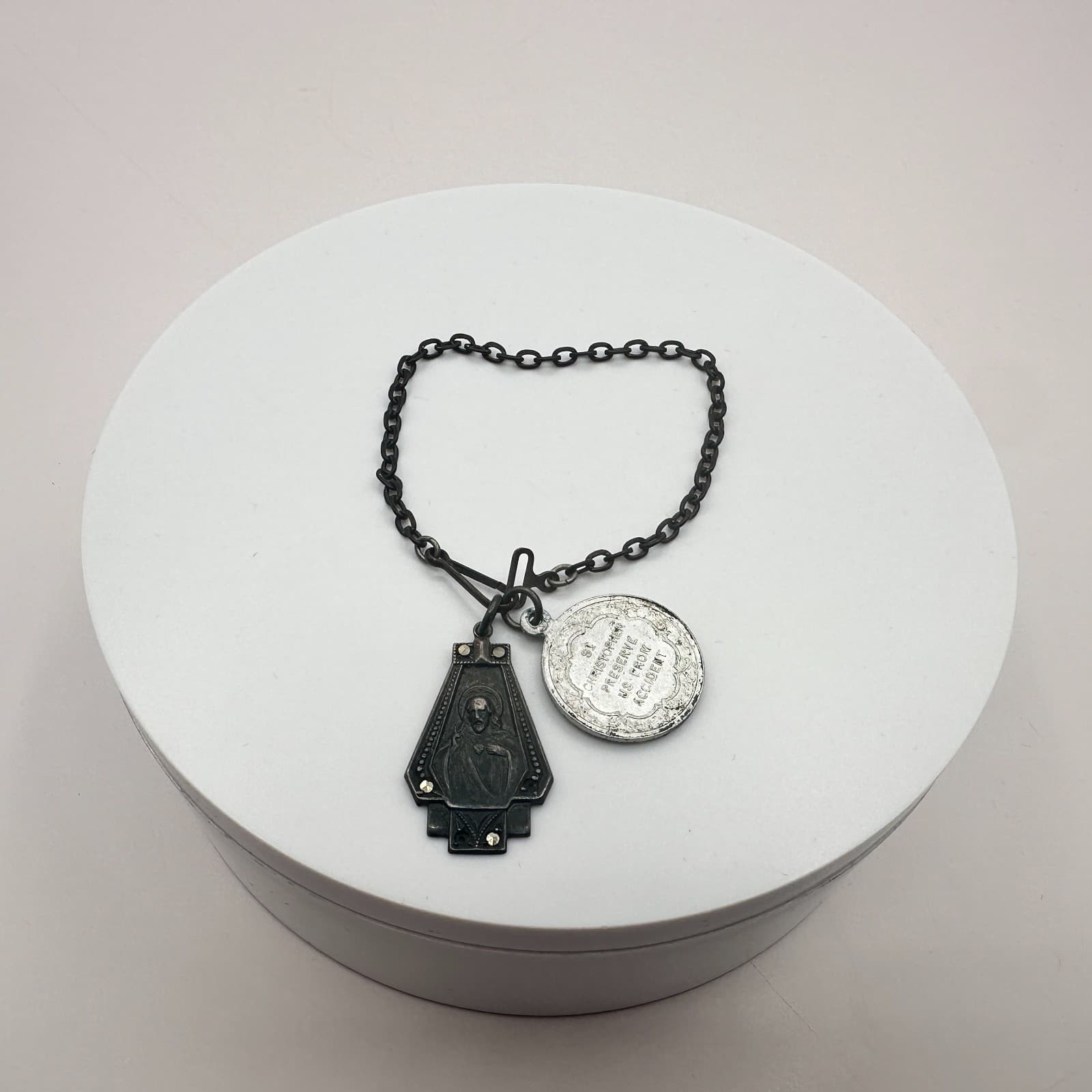 Vintage 90s St. Christopher Preserve Us From Accident Medal Charm Bracelet - Thumbnail 2
