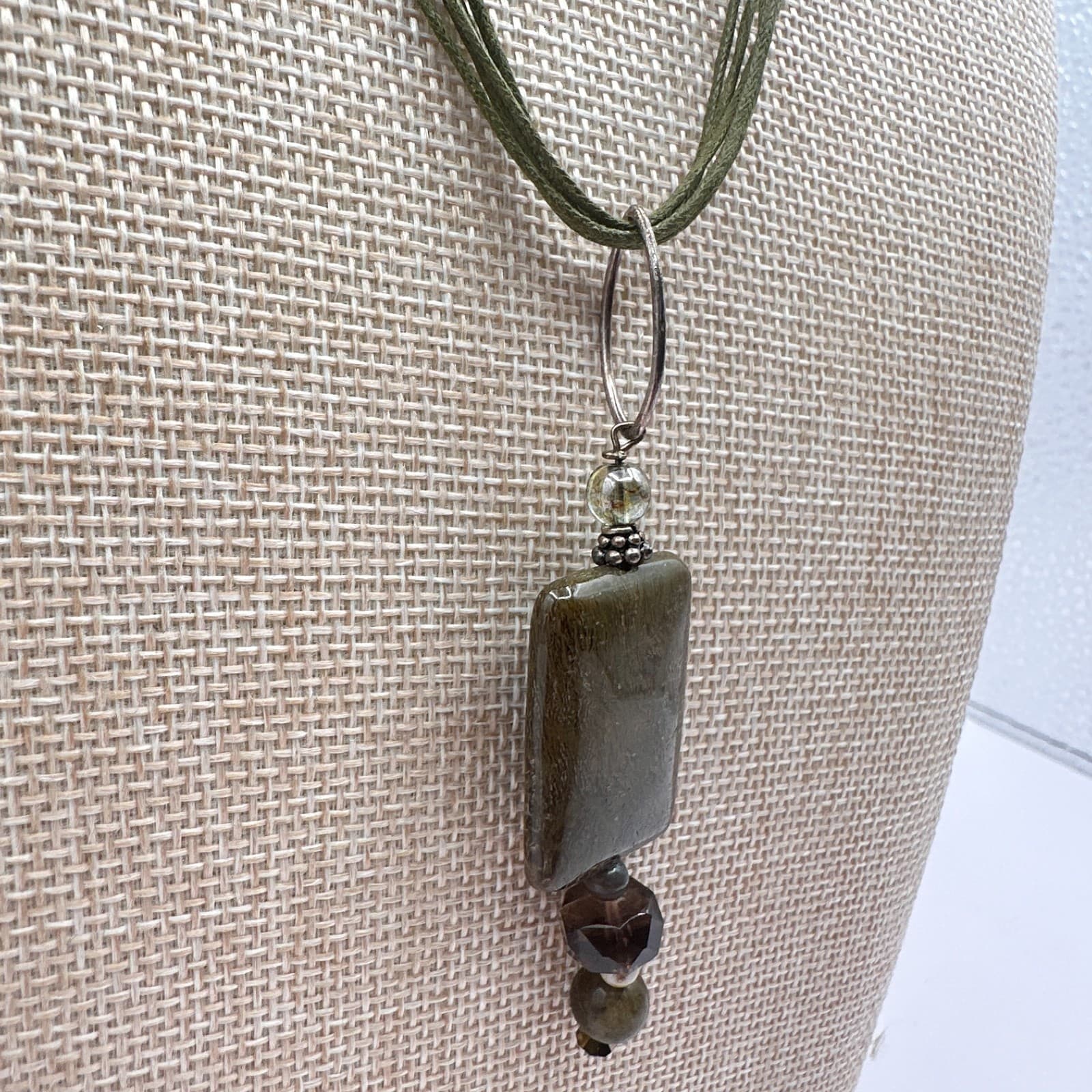 Vintage Y2K Multi Strand Cord Glass Stone Pendant Necklace Silver Tone Jewelry - Thumbnail 4