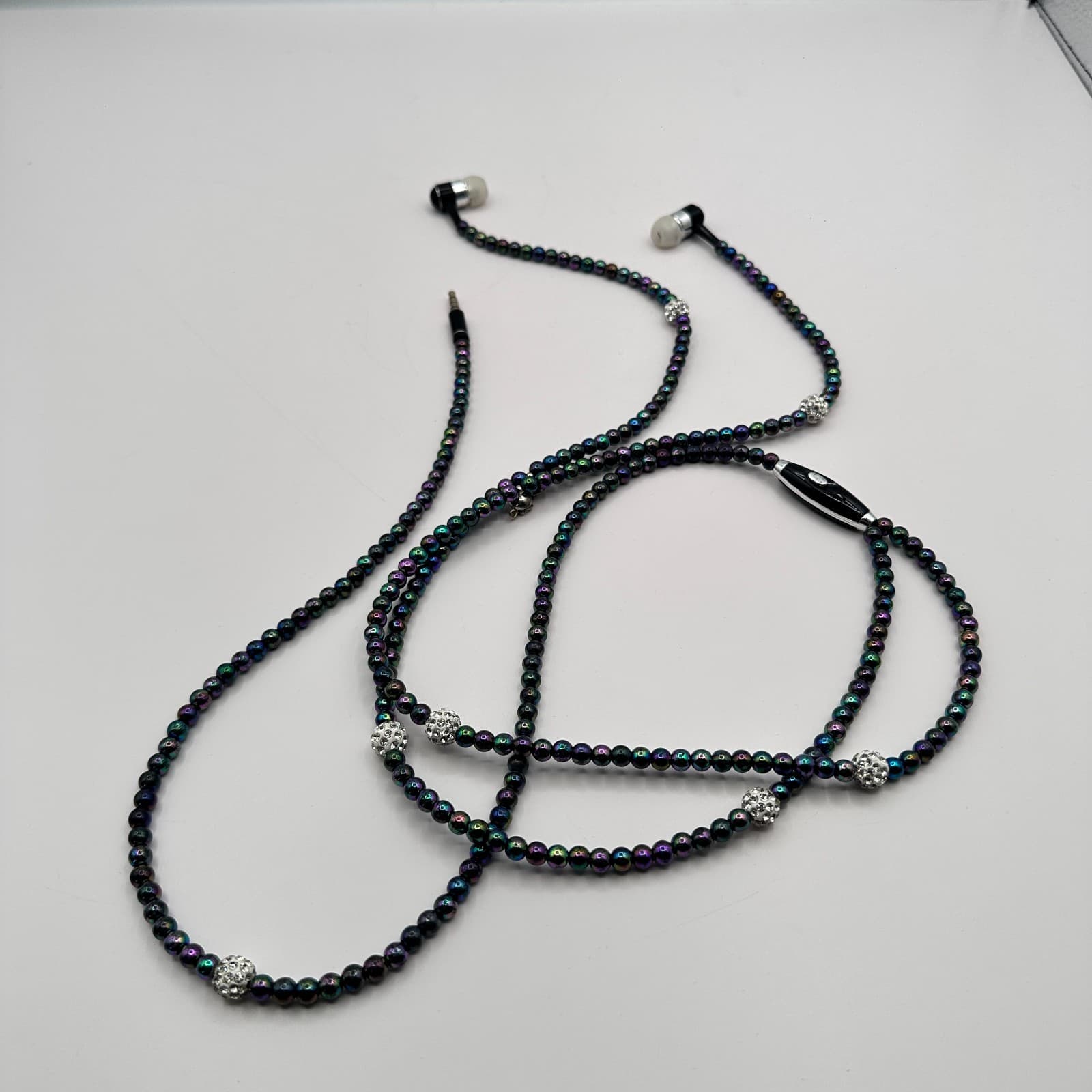 Vintage Y2K Black Iridescent Beaded Pearl Necklace Earphone 3.5mm In-Ear - Thumbnail 9
