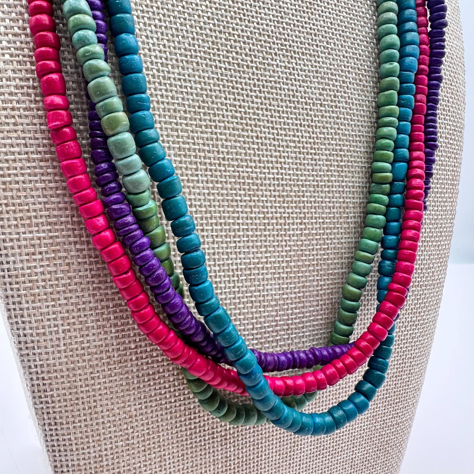 Vintage 60s Multi Strand Wooden Bead Statement Necklace Secure Hook Jewelry - Thumbnail 5