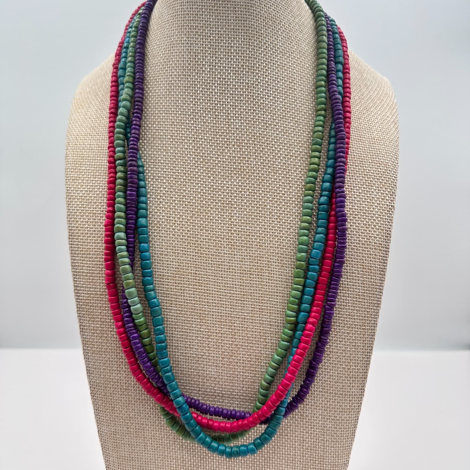 Vintage 60s Multi Strand Wooden Bead Statement Necklace Secure Hook Jewelry - Thumbnail 2