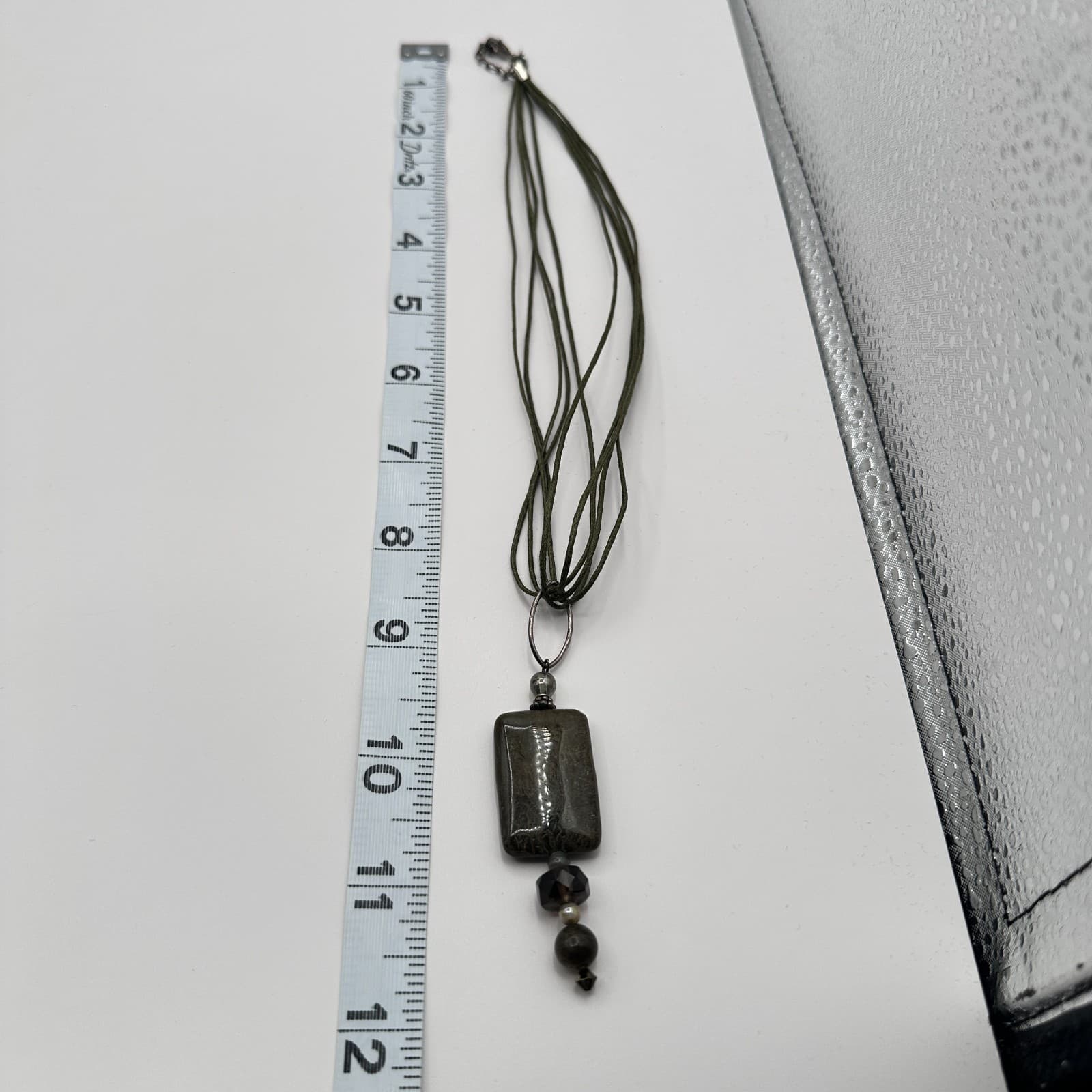 Vintage Y2K Multi Strand Cord Glass Stone Pendant Necklace Silver Tone Jewelry - Thumbnail 9