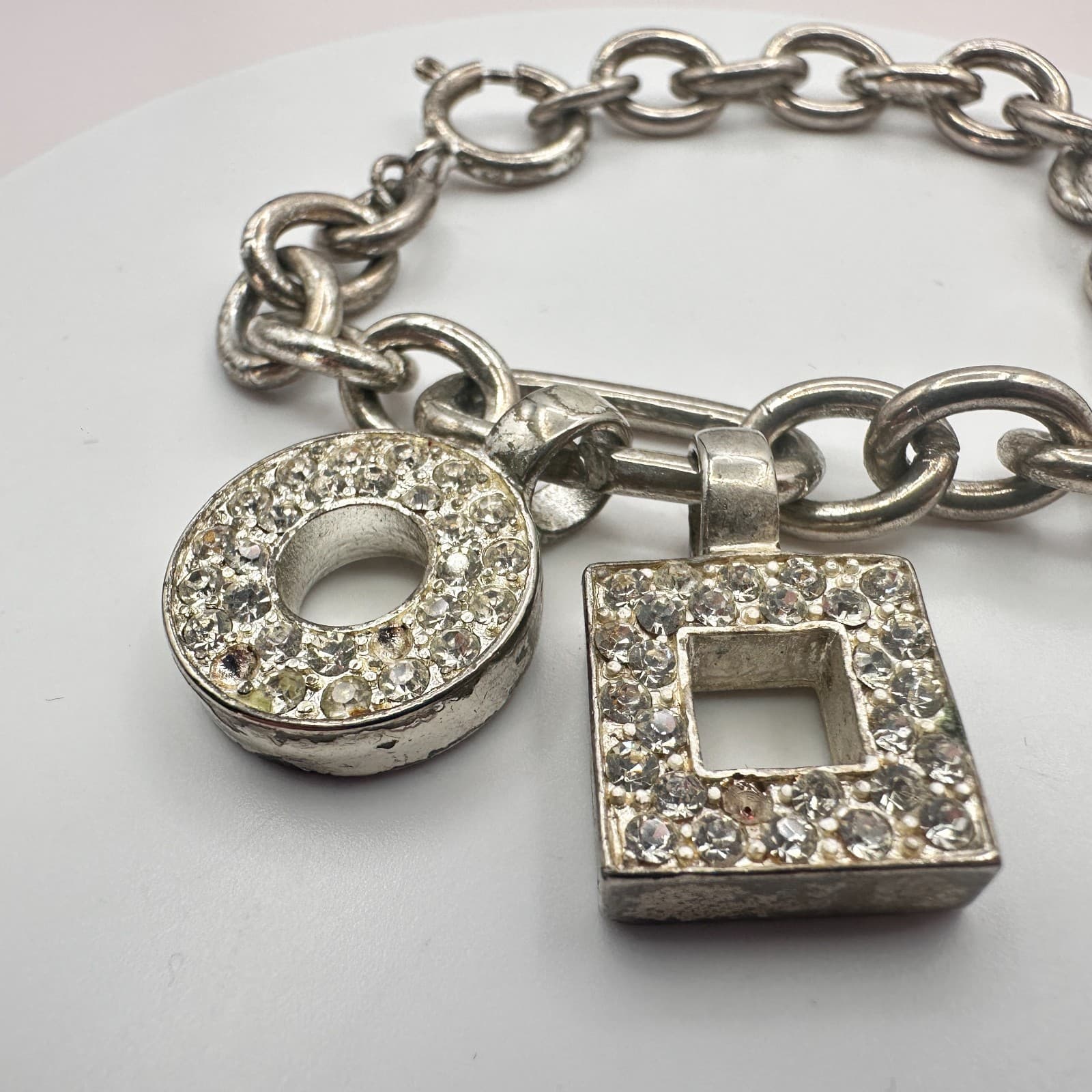 Vintage 90s SilverTone Geometric Charm Bracelet Clear Glass Boho Fashion Jewelry - Thumbnail 5