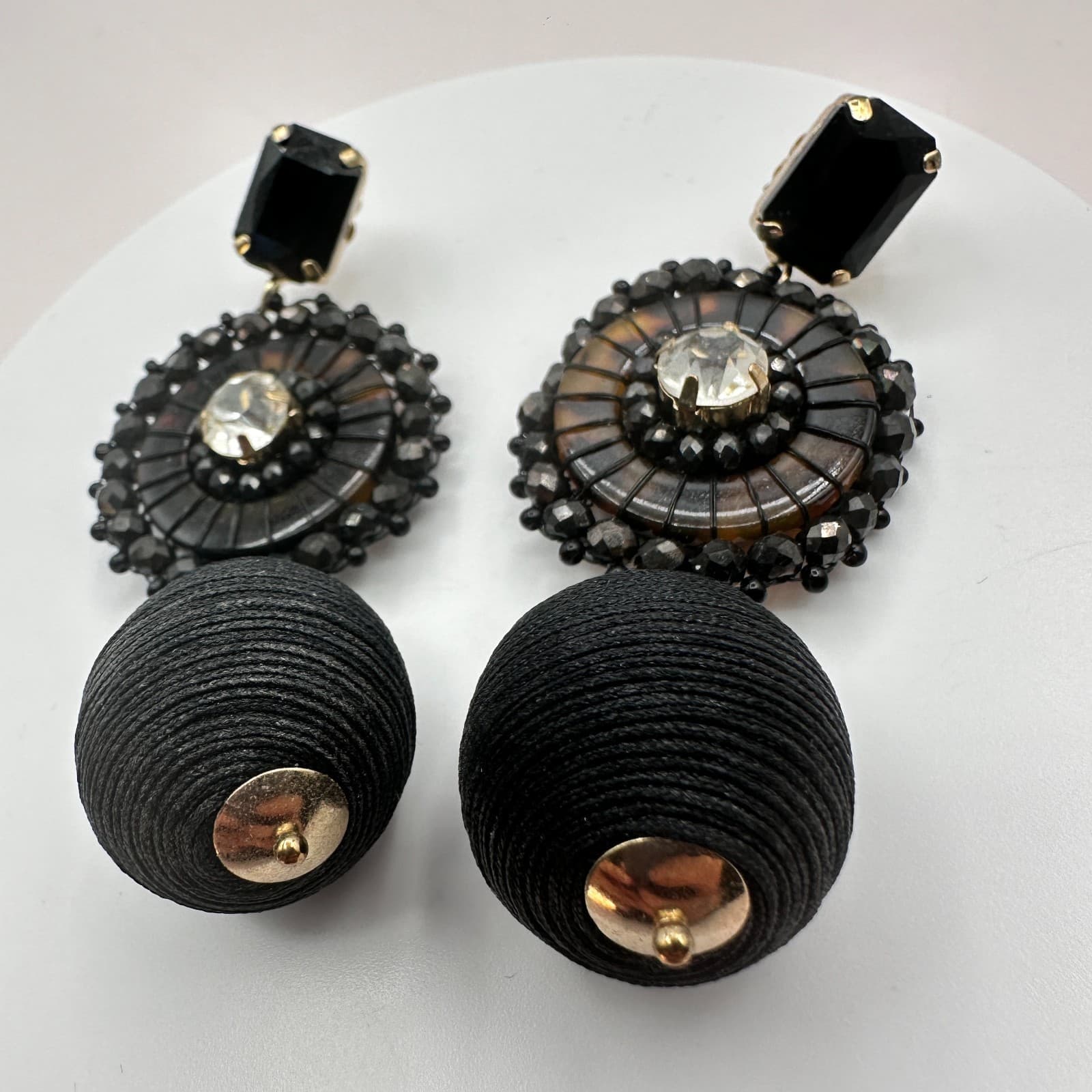Vintage Y2K Rhinestone Black Cord Wrapped Ball Dangle Earrings Gold Tone Jewelry - Thumbnail 4