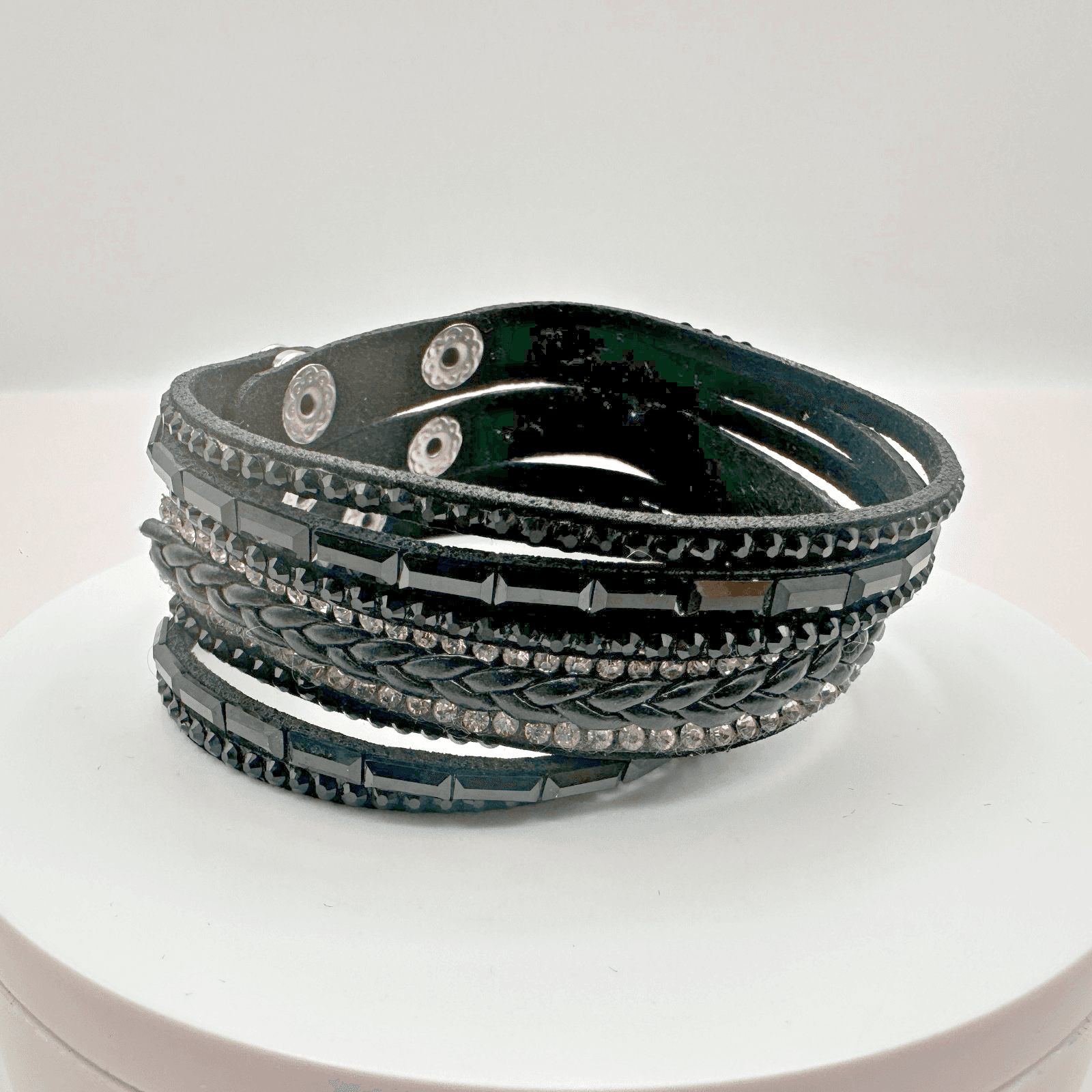 Vintage Y2K Black Leather Glass Rhinestone Wrap Bracelet Silver Tone Jewelry - Thumbnail 2