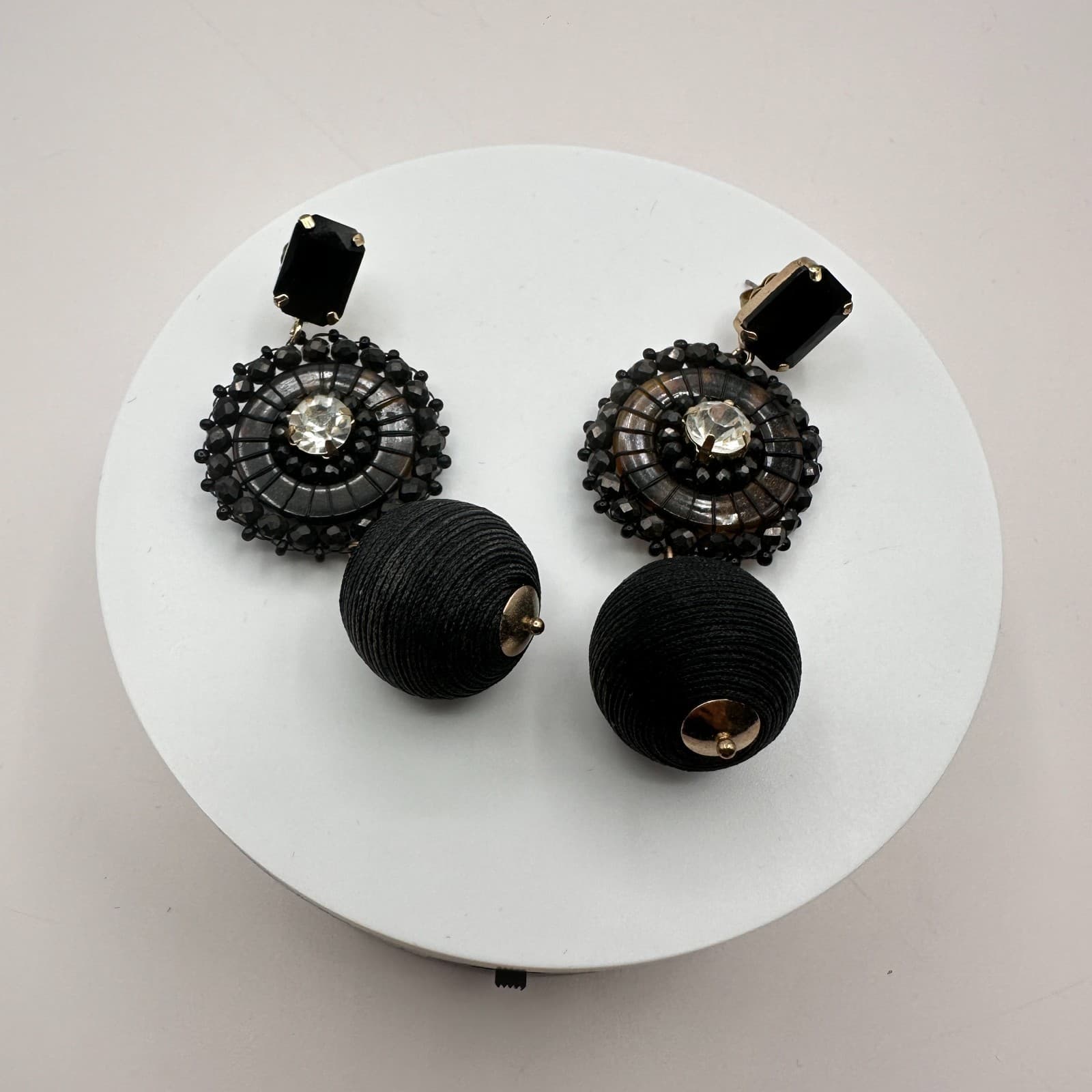 Vintage Y2K Rhinestone Black Cord Wrapped Ball Dangle Earrings Gold Tone Jewelry - Thumbnail 6