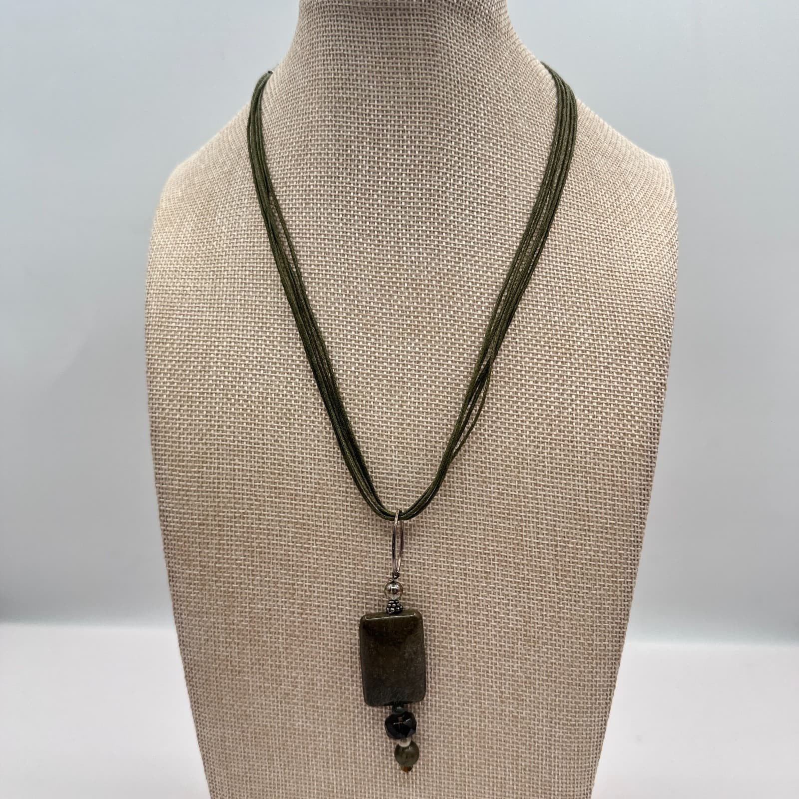 Vintage Y2K Multi Strand Cord Glass Stone Pendant Necklace Silver Tone Jewelry - Thumbnail 7