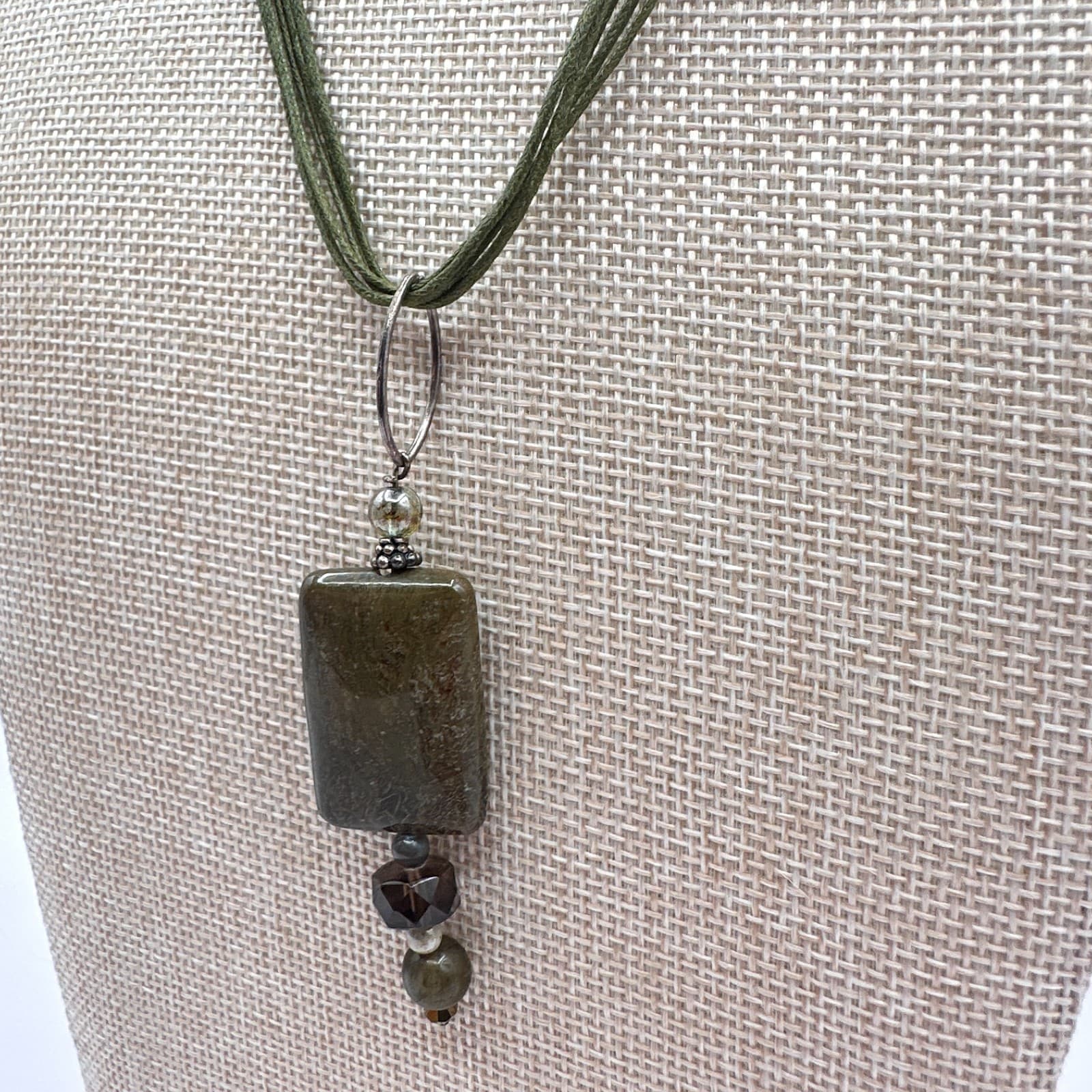 Vintage Y2K Multi Strand Cord Glass Stone Pendant Necklace Silver Tone Jewelry - Thumbnail 3