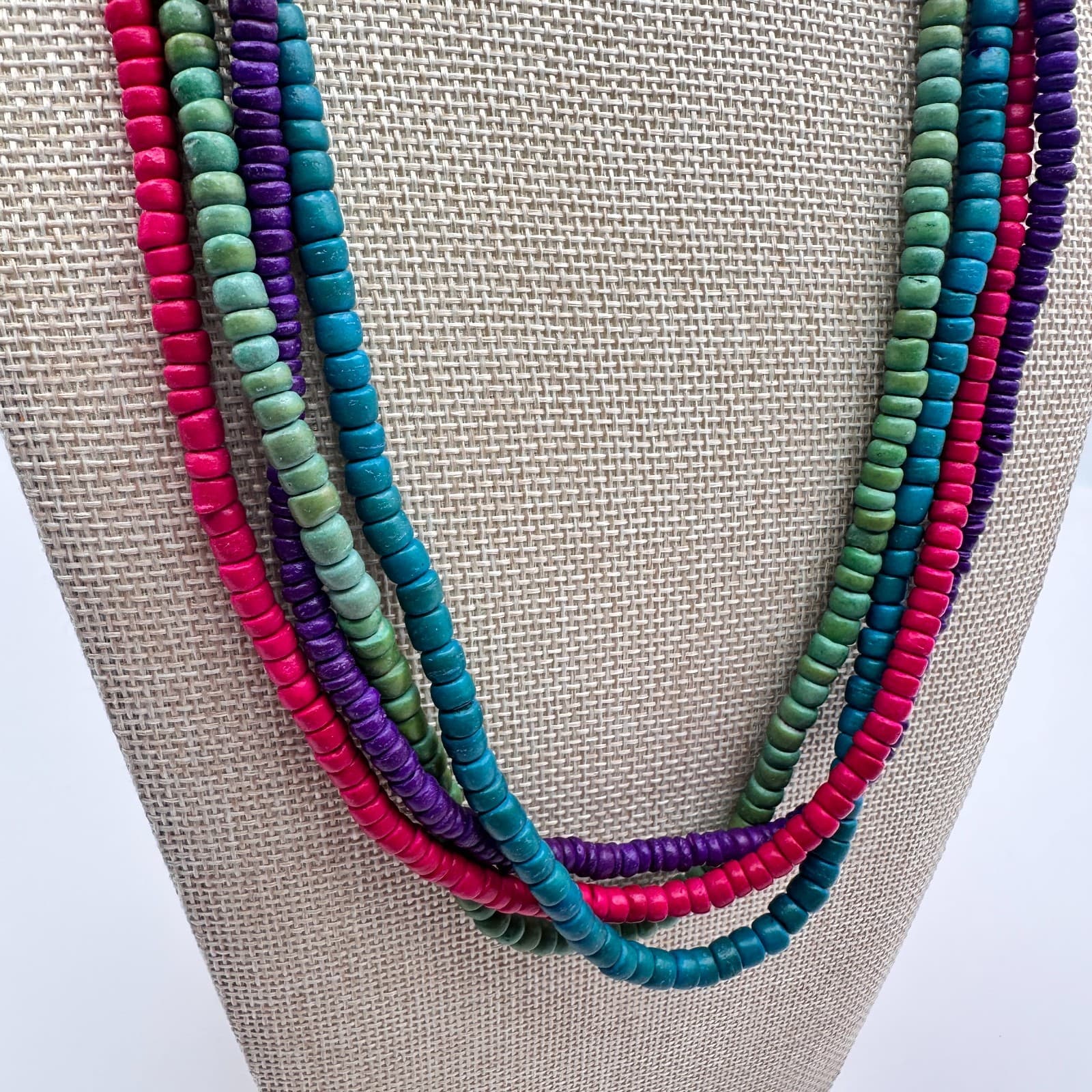 Vintage 60s Multi Strand Wooden Bead Statement Necklace Secure Hook Jewelry - Thumbnail 4