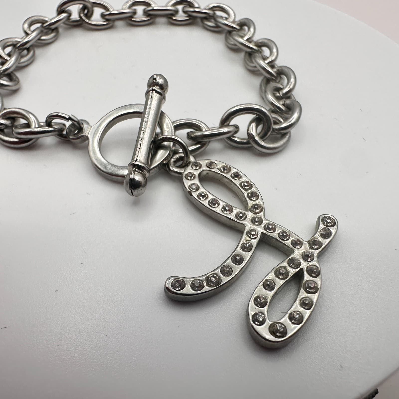 Vintage 90s Silver Tone Bracelet Script Initial Charm Glass Accents Jewelry - Thumbnail 2