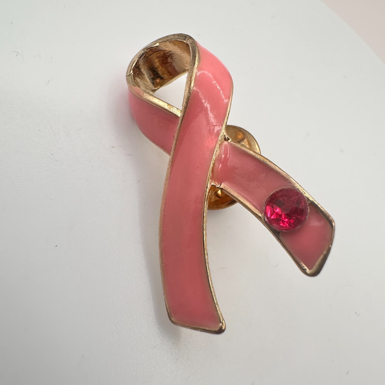 Vintage 90s Awareness Ribbon Gold Tone Pink Enamel Glass Brooch Pin Jewelry - Thumbnail 4