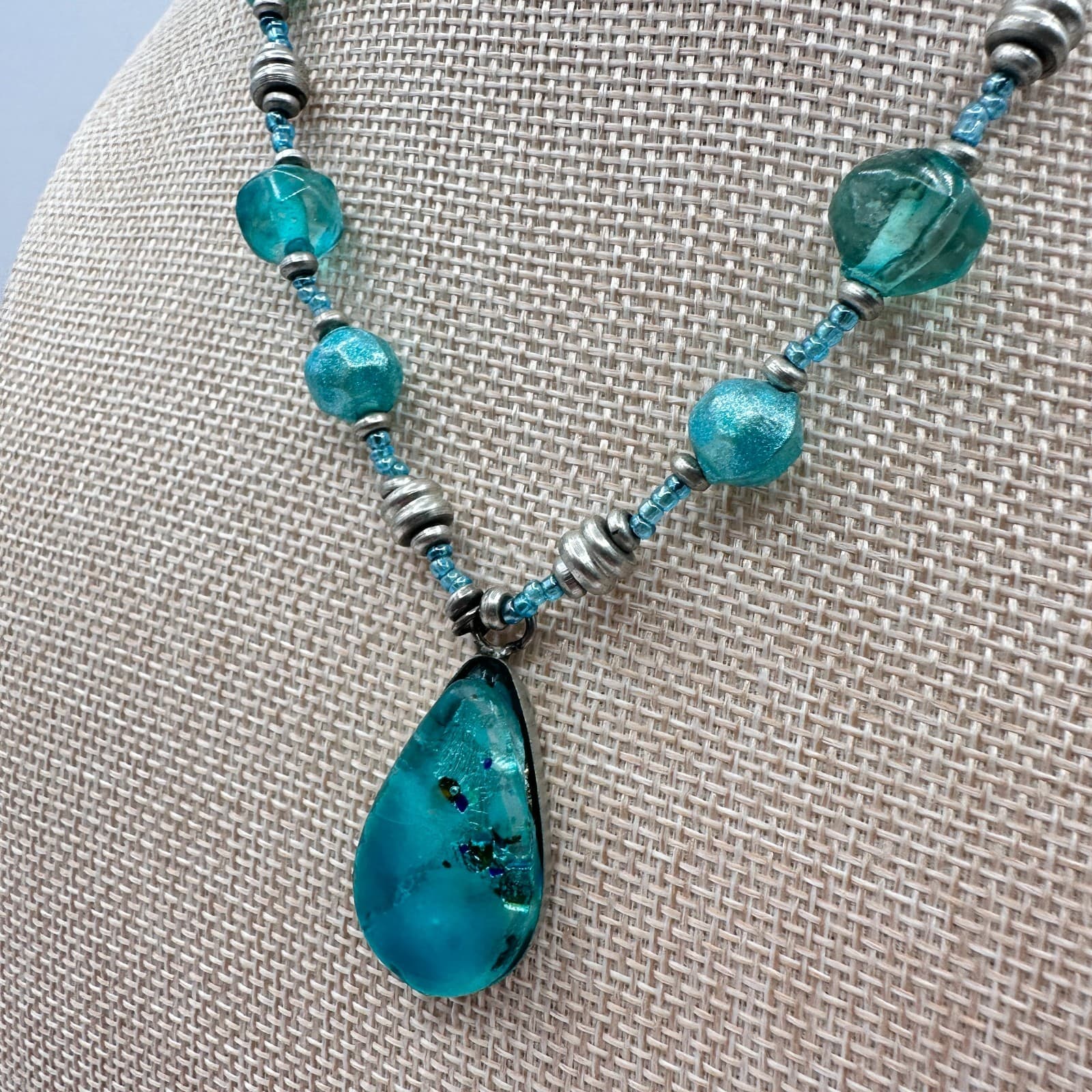 Vintage 90s Teal Blue Beaded Teardrop Pendant Necklace Women's Classic Jewelry - Thumbnail 4