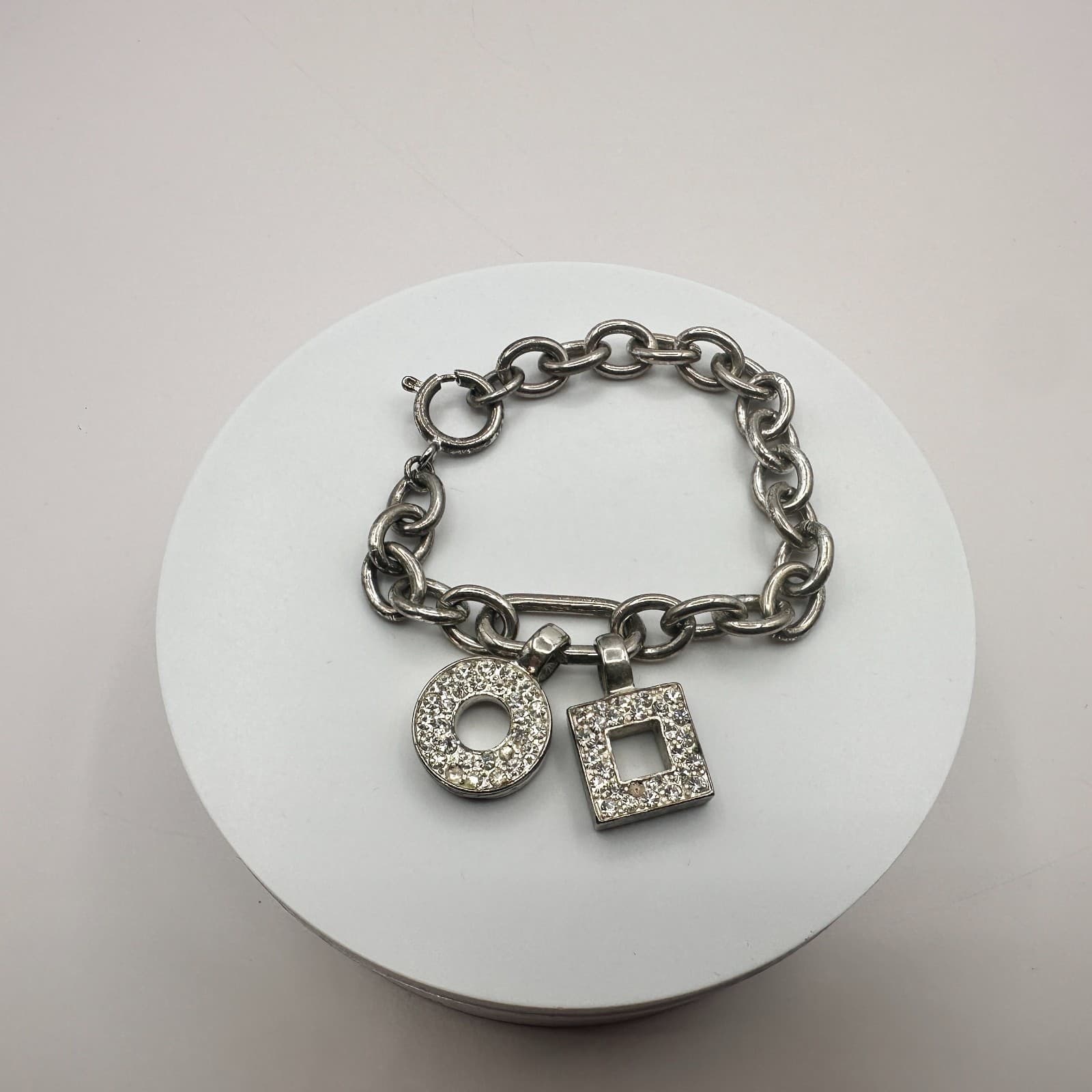 Vintage 90s SilverTone Geometric Charm Bracelet Clear Glass Boho Fashion Jewelry - Thumbnail 2