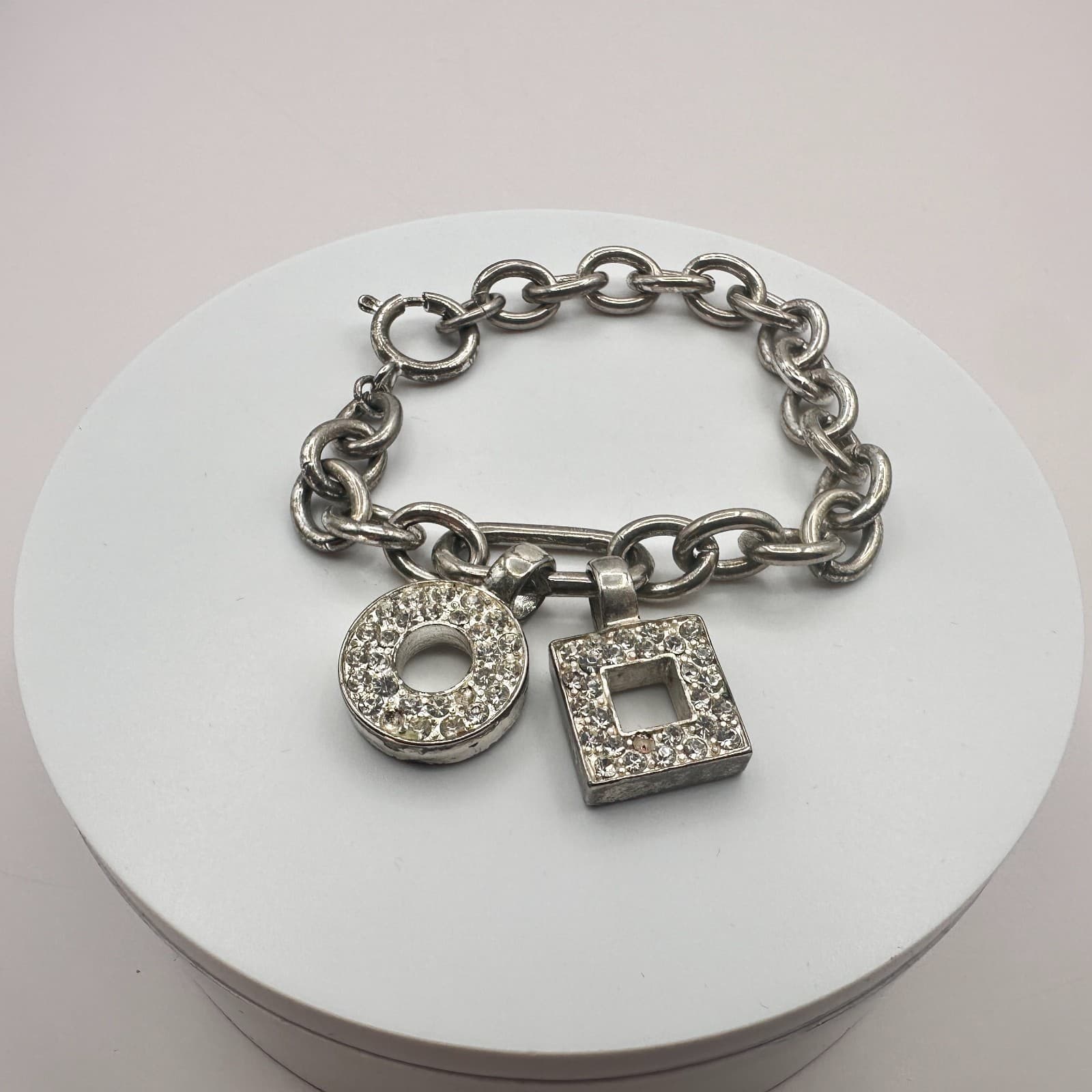 Vintage 90s SilverTone Geometric Charm Bracelet Clear Glass Boho Fashion Jewelry - Thumbnail 4