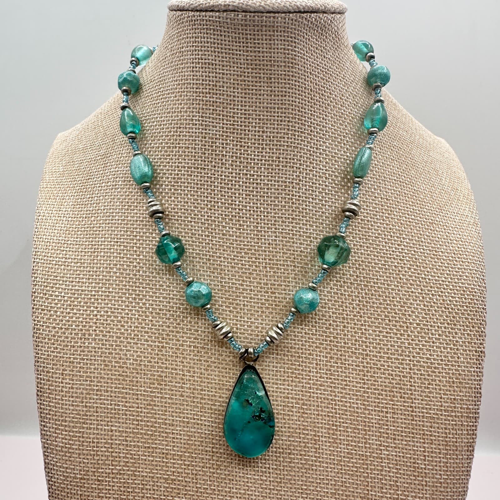 Vintage 90s Teal Blue Beaded Teardrop Pendant Necklace Women's Classic Jewelry - Thumbnail 7