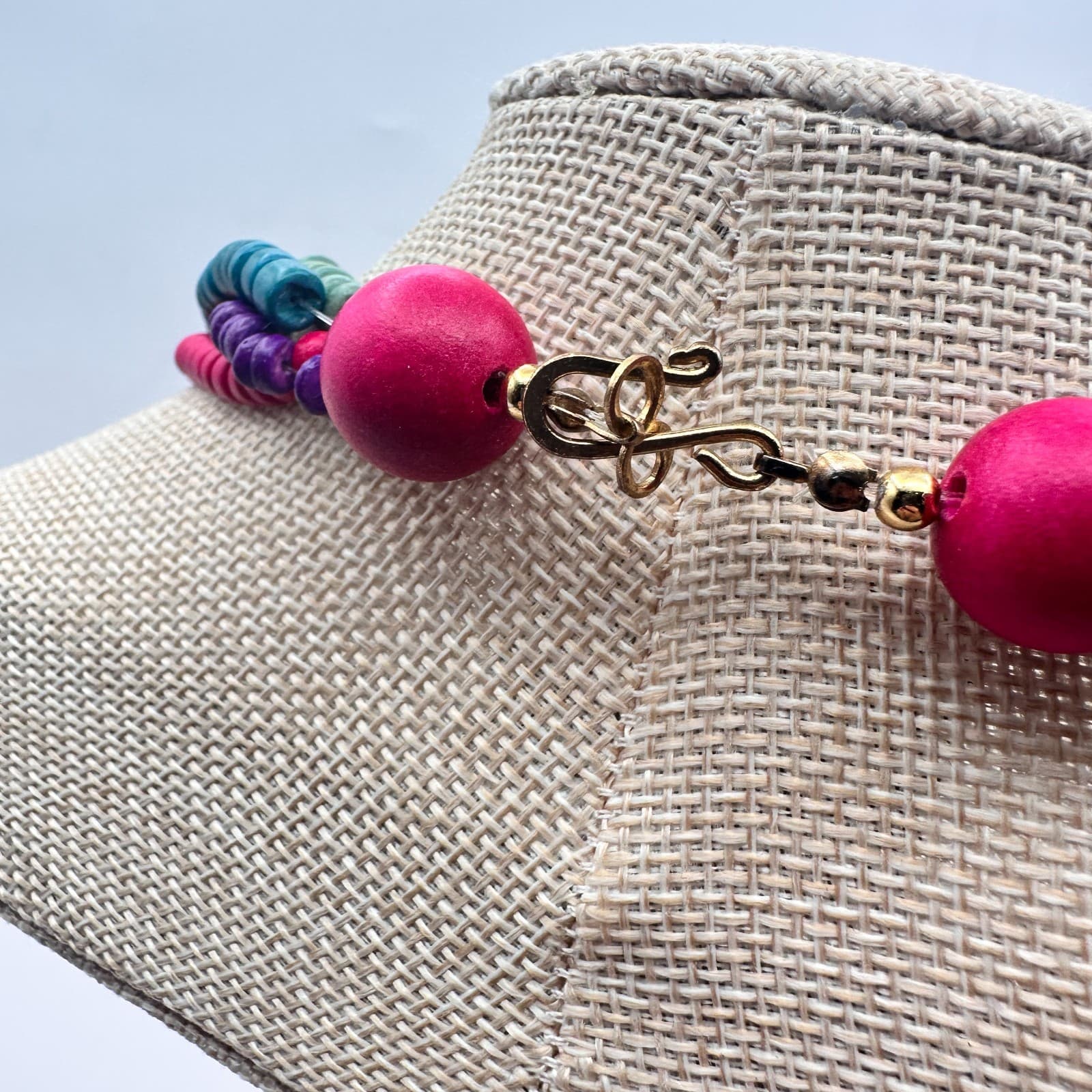 Vintage 60s Multi Strand Wooden Bead Statement Necklace Secure Hook Jewelry - Thumbnail 8
