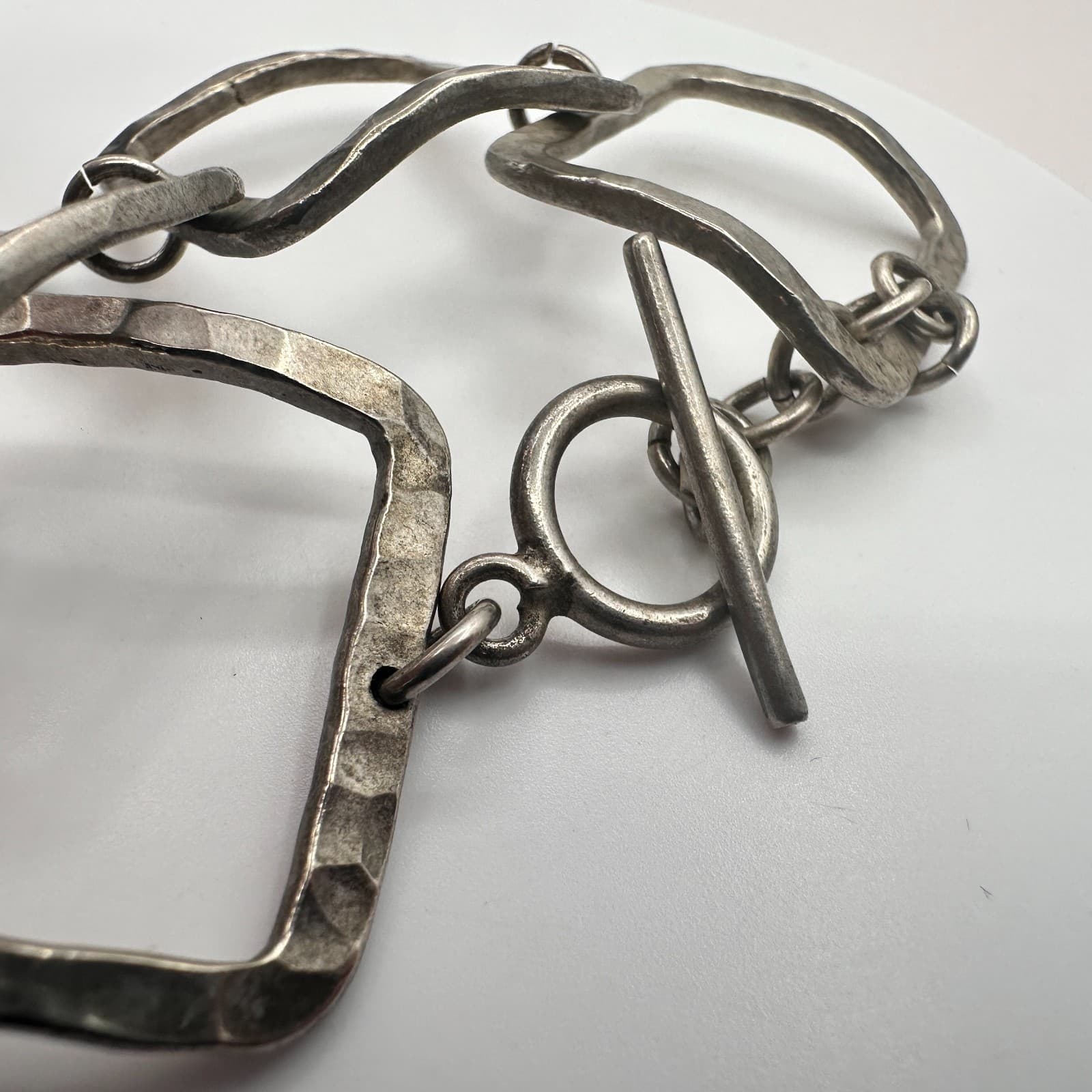 Vintage 90s Silver Tone Hammered Square Link Bracelet Retro Boho Fashion Jewelry - Thumbnail 6