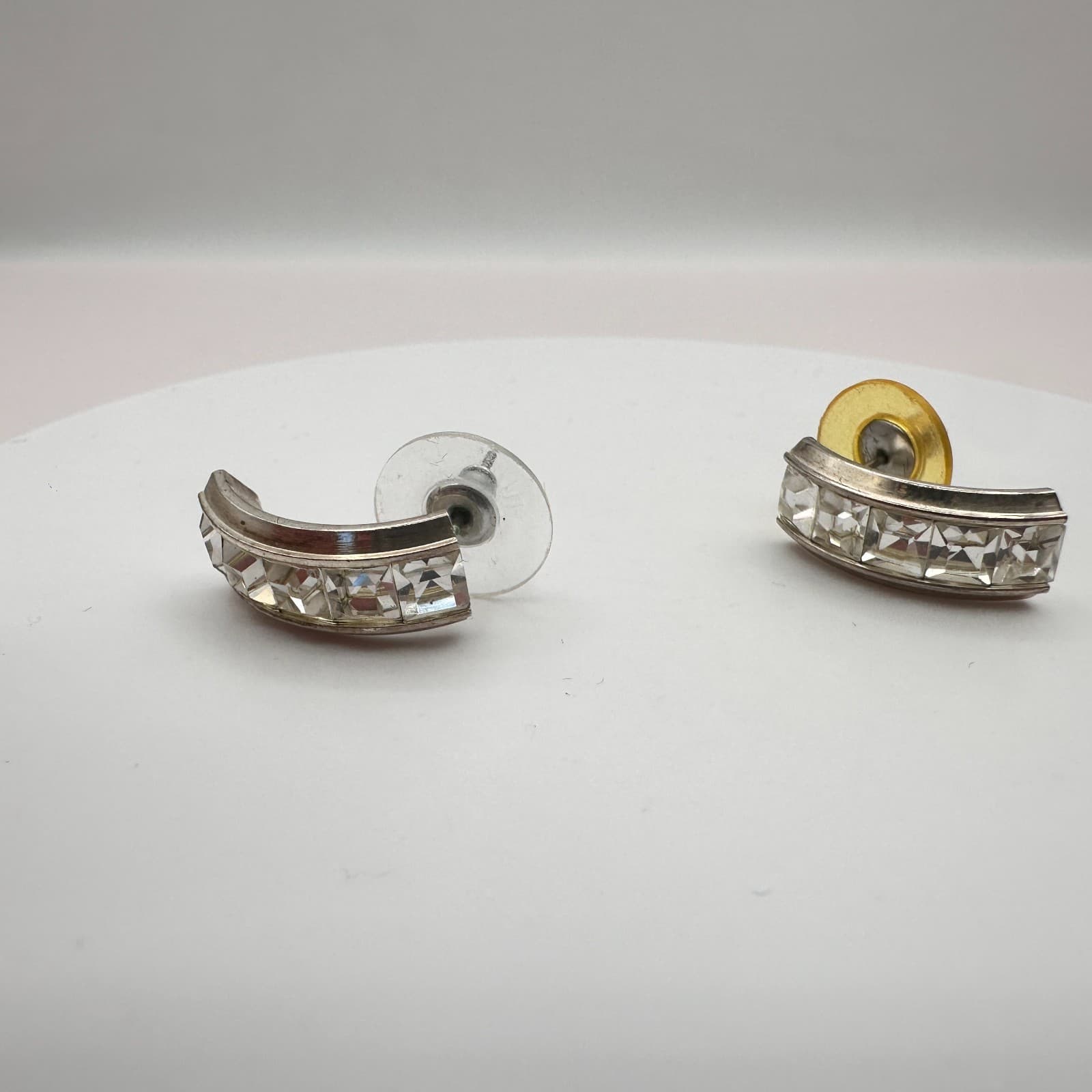 Vintage Y2K Clear Glass Half Hoop Earrings Silver Tone Classic Jewelry - Thumbnail 5