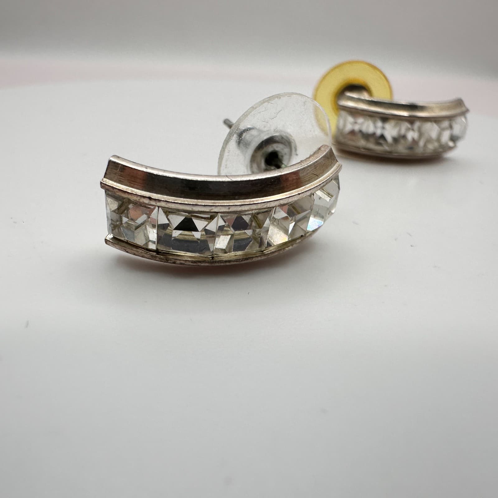 Vintage Y2K Clear Glass Half Hoop Earrings Silver Tone Classic Jewelry - Thumbnail 4
