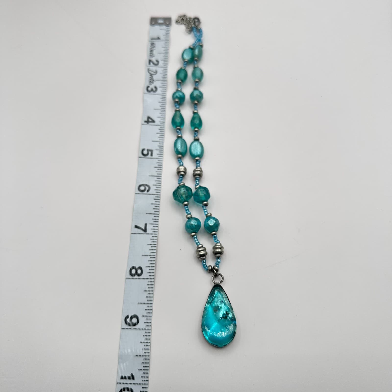 Vintage 90s Teal Blue Beaded Teardrop Pendant Necklace Women's Classic Jewelry - Thumbnail 9