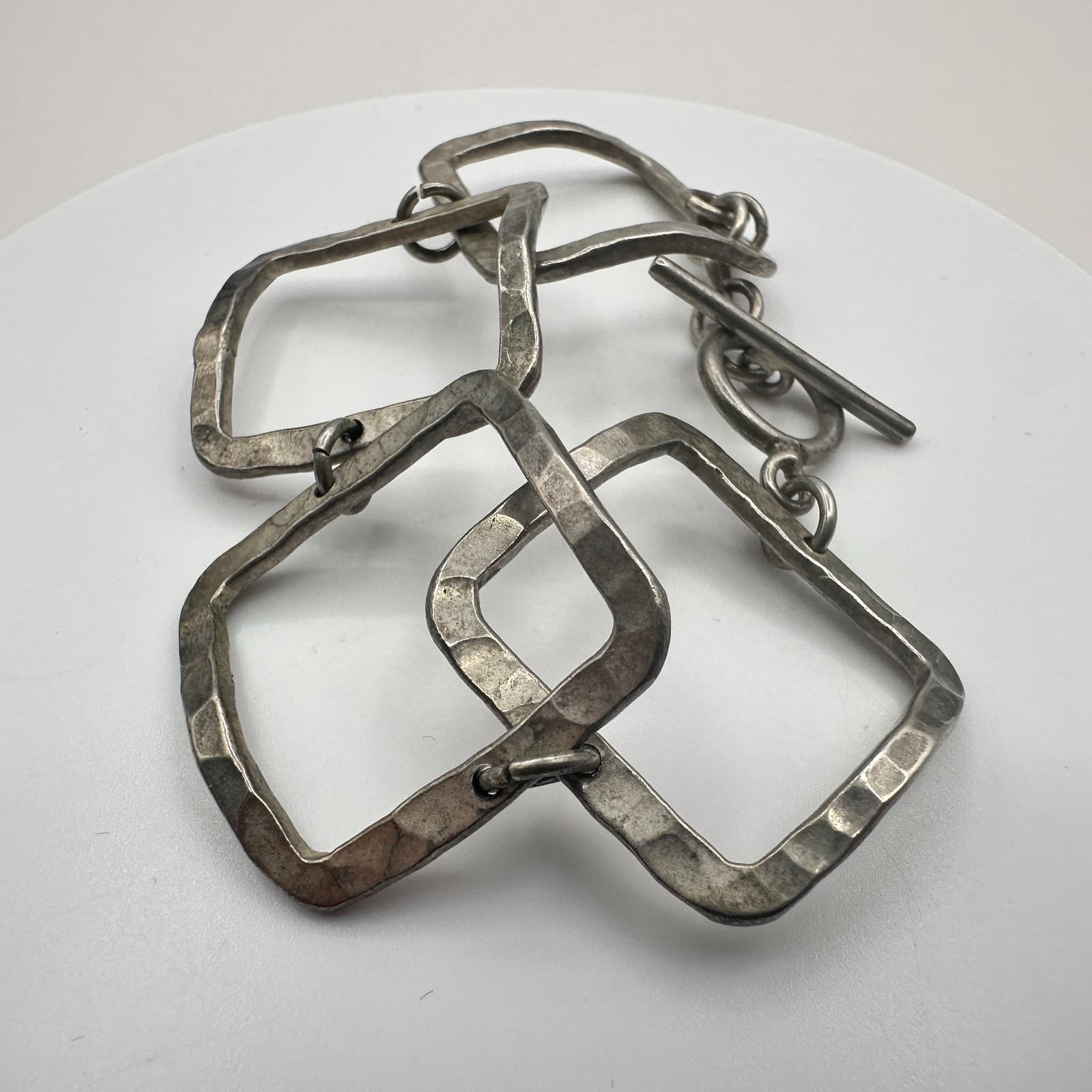 Vintage 90s Silver Tone Hammered Square Link Bracelet Retro Boho Fashion Jewelry - Thumbnail 4