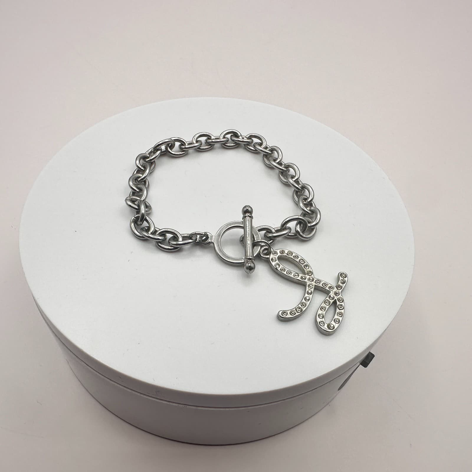 Vintage 90s Silver Tone Bracelet Script Initial Charm Glass Accents Jewelry - Thumbnail 4