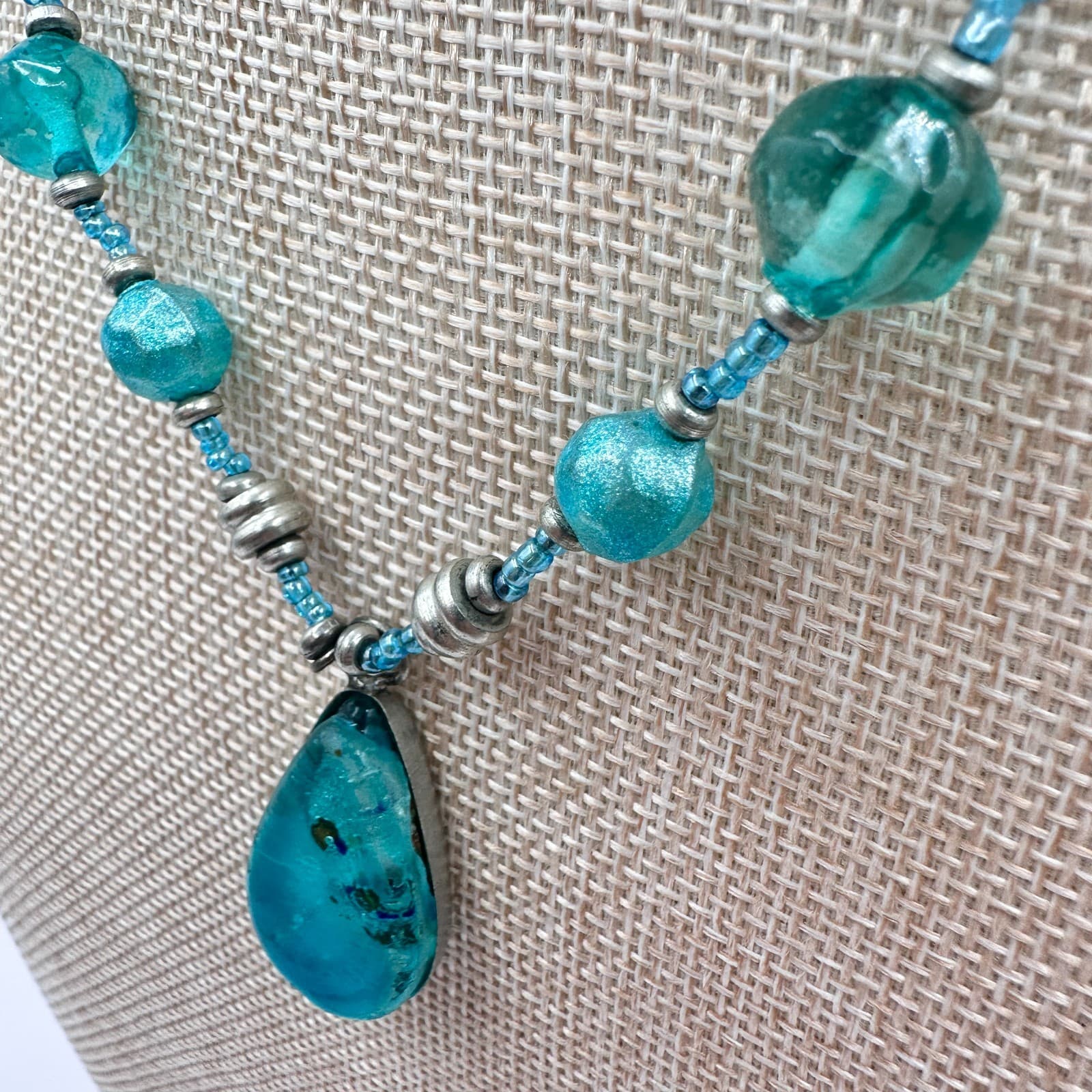 Vintage 90s Teal Blue Beaded Teardrop Pendant Necklace Women's Classic Jewelry - Thumbnail 6