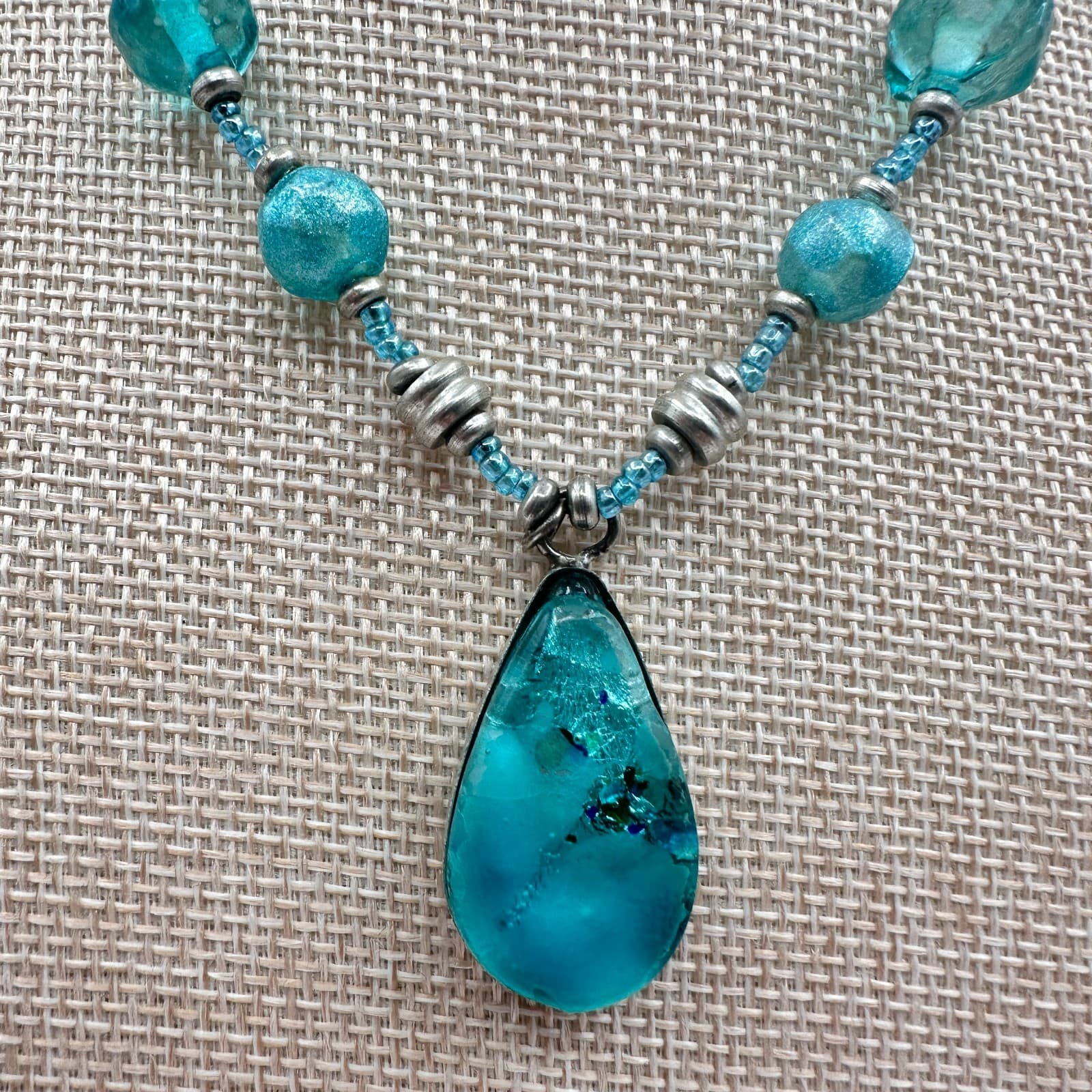 Vintage 90s Teal Blue Beaded Teardrop Pendant Necklace Women's Classic Jewelry - Thumbnail 2