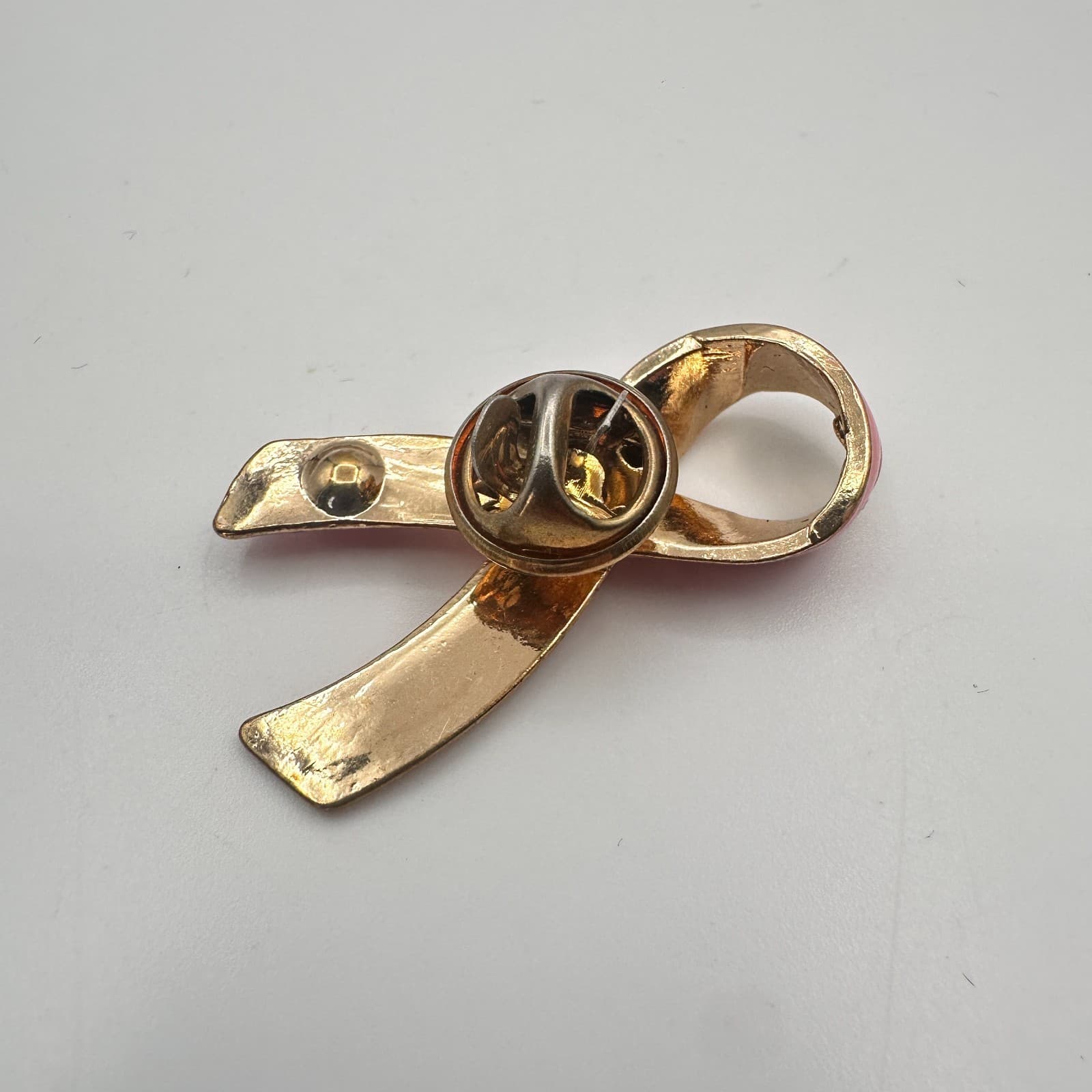Vintage 90s Awareness Ribbon Gold Tone Pink Enamel Glass Brooch Pin Jewelry - Thumbnail 5