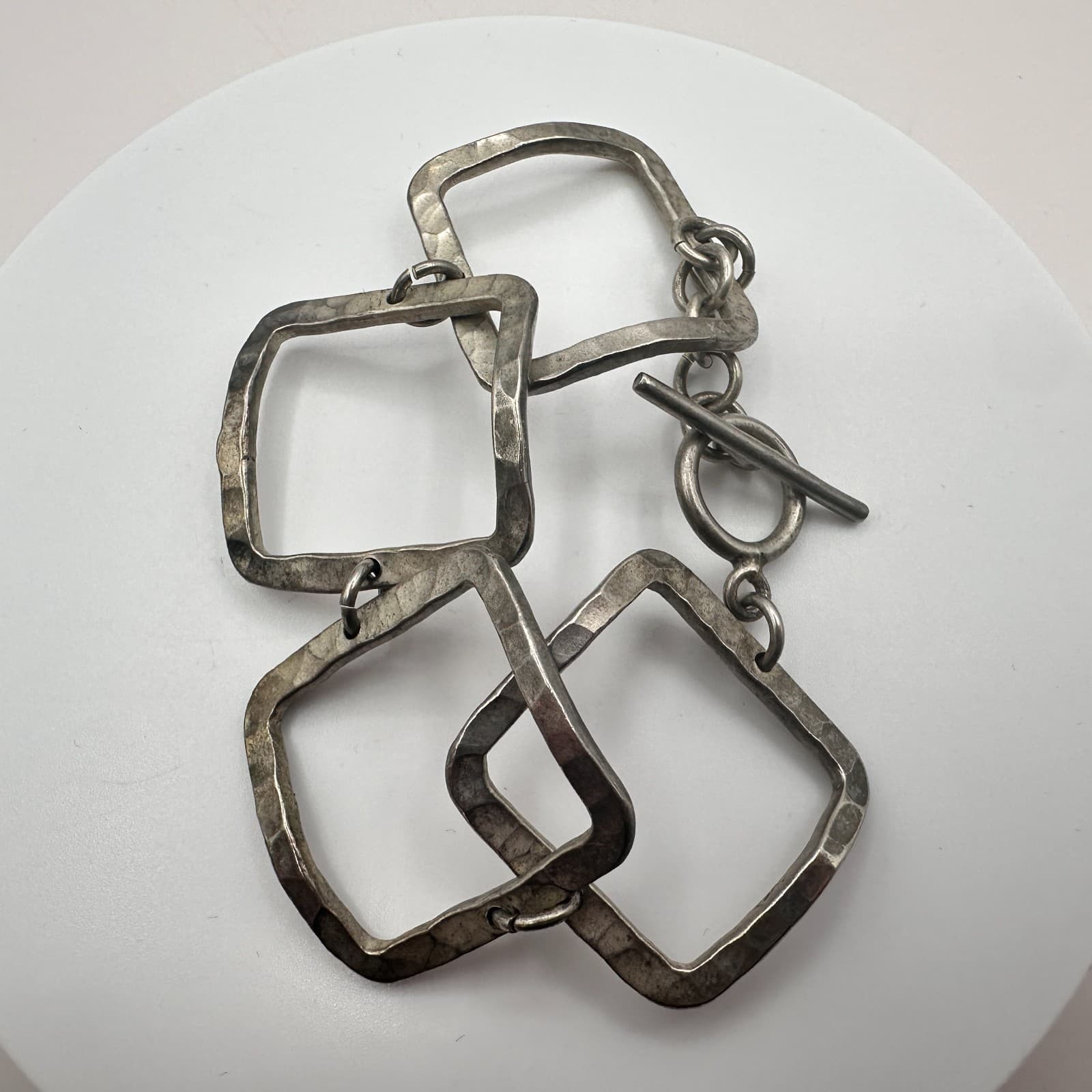 Vintage 90s Silver Tone Hammered Square Link Bracelet Retro Boho Fashion Jewelry - Thumbnail 5