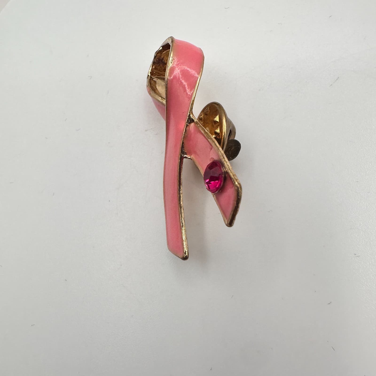 Vintage 90s Awareness Ribbon Gold Tone Pink Enamel Glass Brooch Pin Jewelry - Thumbnail 3