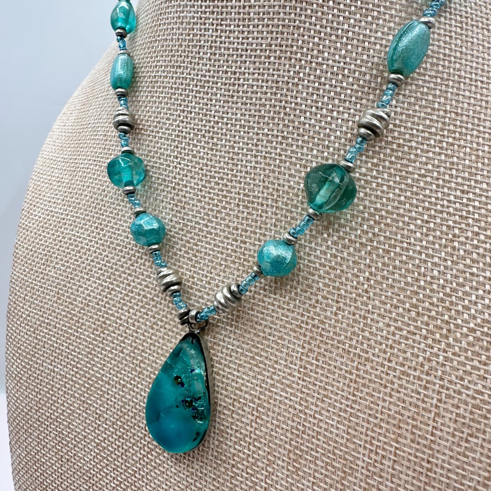 Vintage 90s Teal Blue Beaded Teardrop Pendant Necklace Women's Classic Jewelry - Thumbnail 5