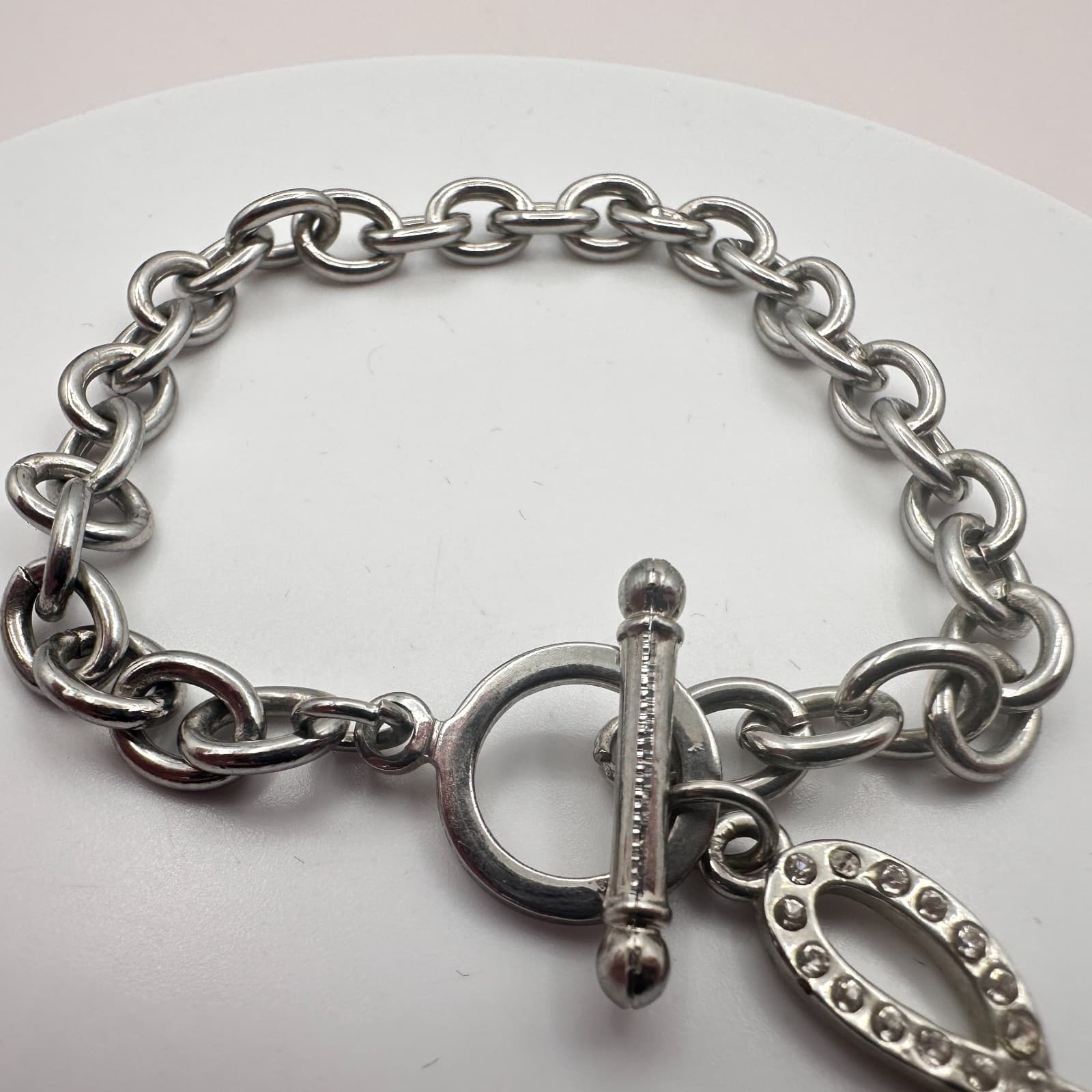 Vintage 90s Silver Tone Bracelet Script Initial Charm Glass Accents Jewelry - Thumbnail 3