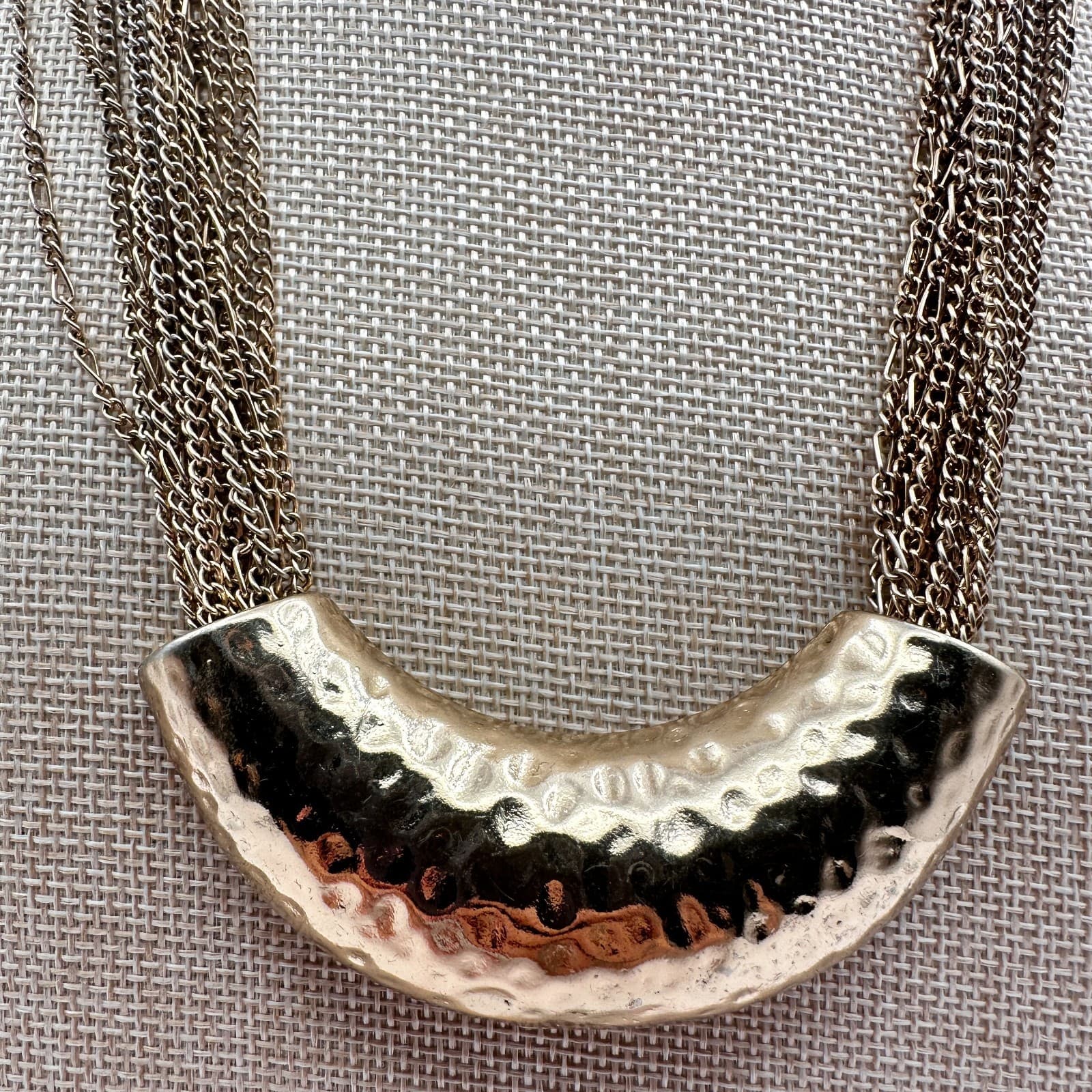 Vintage 90s Multi Strand Gold Tone Chain Hammered Crescent Statement Necklace - Thumbnail 3