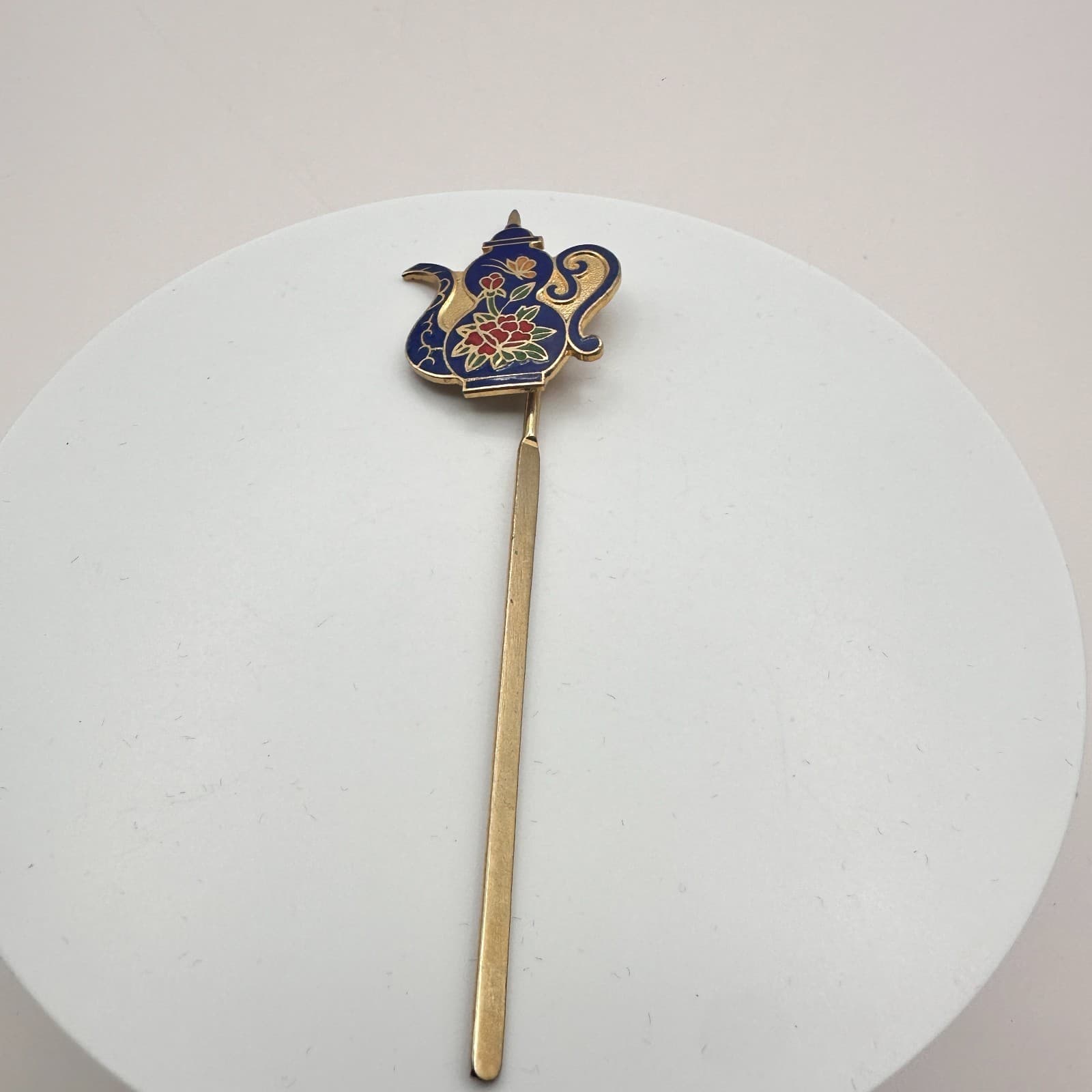 Vintage 90s Cloisonne Teapot Hair Sticks Gold Tone Blue Enamel Women's Jewelry - Thumbnail 6