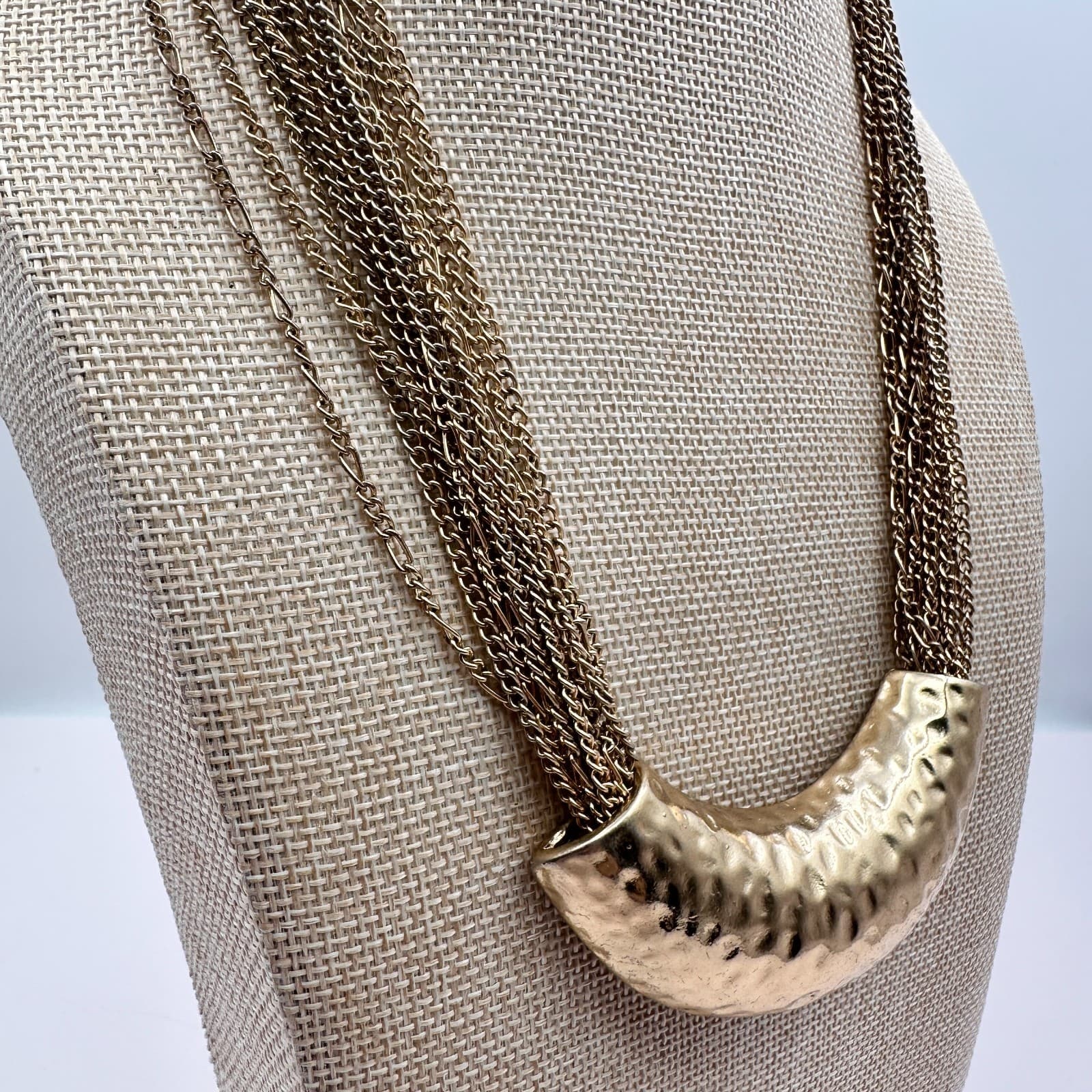 Vintage 90s Multi Strand Gold Tone Chain Hammered Crescent Statement Necklace - Thumbnail 5