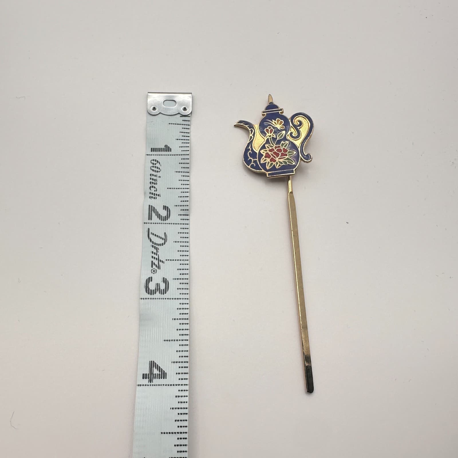 Vintage 90s Cloisonne Teapot Hair Sticks Gold Tone Blue Enamel Women's Jewelry - Thumbnail 7