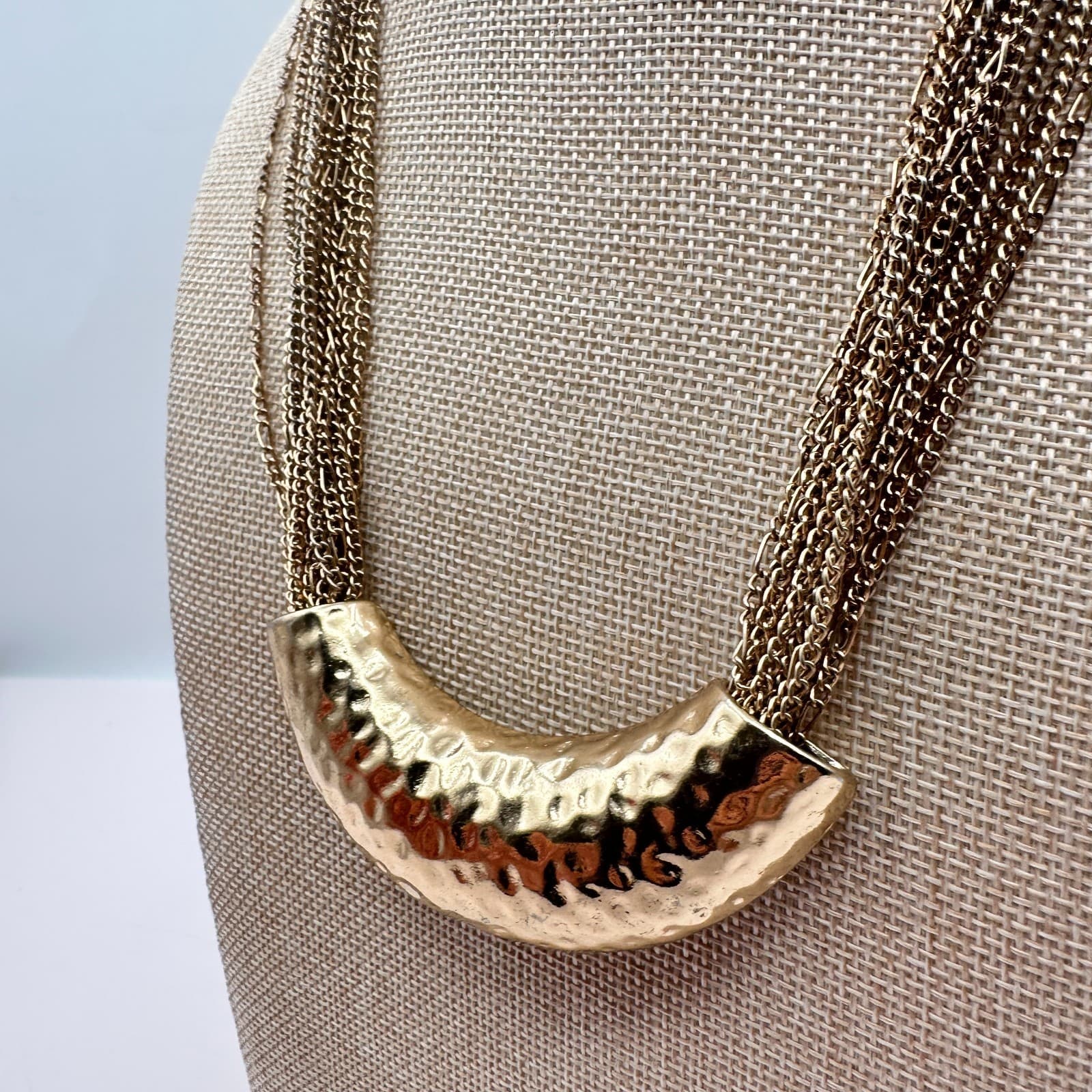 Vintage 90s Multi Strand Gold Tone Chain Hammered Crescent Statement Necklace - Thumbnail 8