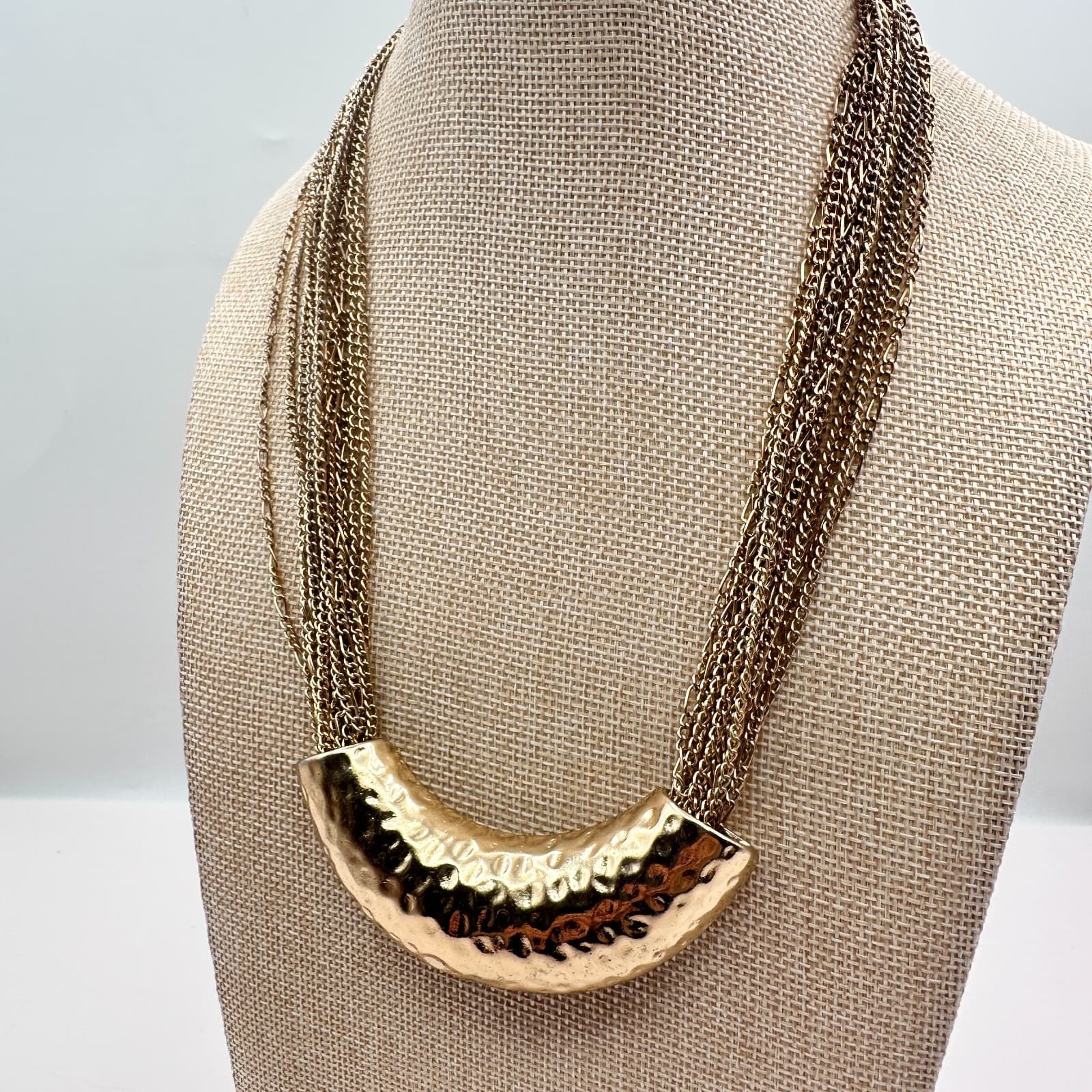 Vintage 90s Multi Strand Gold Tone Chain Hammered Crescent Statement Necklace - Thumbnail 9
