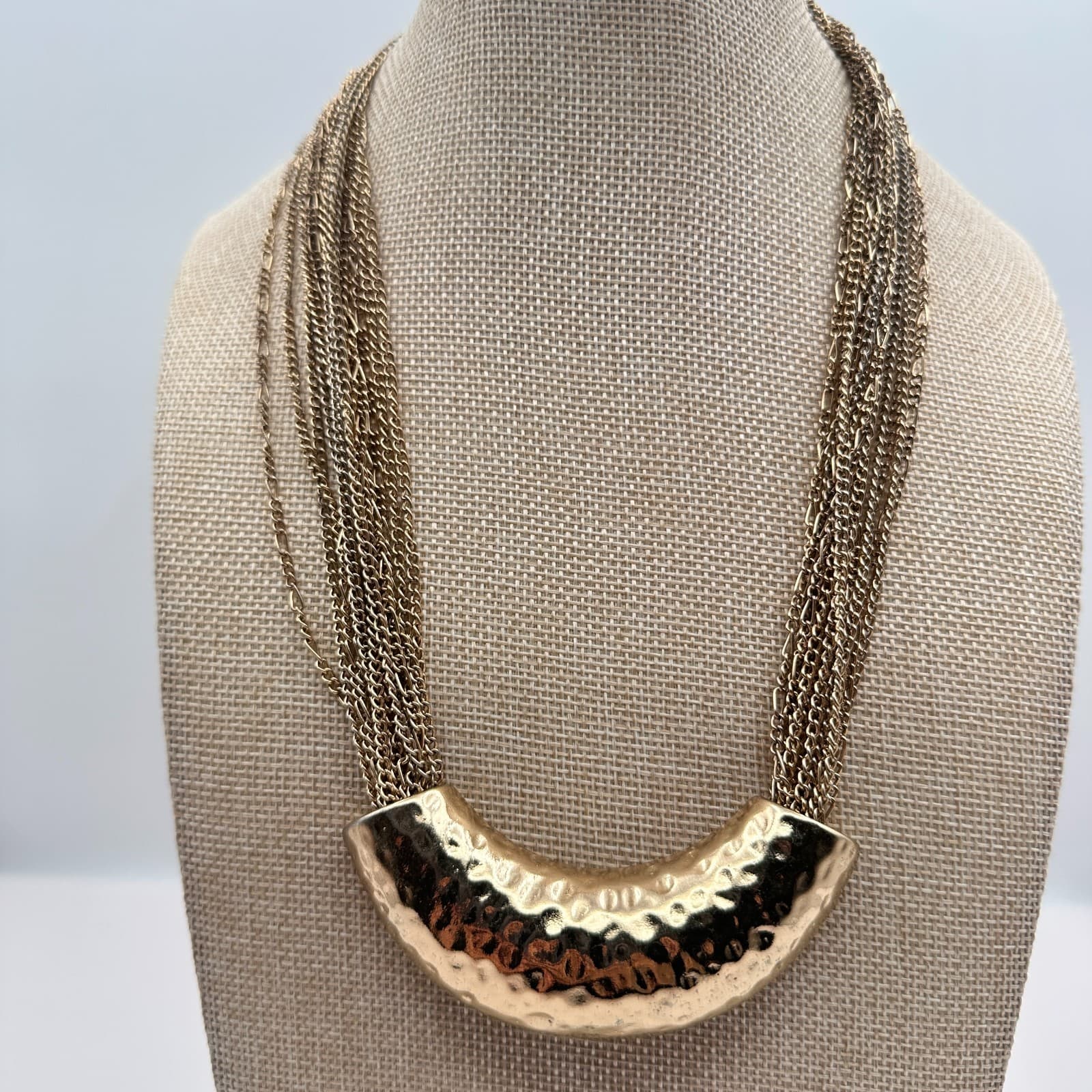 Vintage 90s Multi Strand Gold Tone Chain Hammered Crescent Statement Necklace - Thumbnail 2